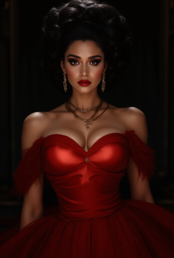 a female fatale with striking features,dangerous and  gaze,((standing (alone:1.6) in an ultra-dark vintage room:1.4)),((full-body:1.4, cinematic-shot)),(best quality,4k,8k,highres,masterpiece:1.2),ultra-detailed,(realistic,photorealistic,photo-realistic:1.37),(film grain:1.3).

[(1girl),(solo),((1 person)),(25years-old),[Raiana-Elizabeth-Dilla],pearl skin,(skin pores:1.1),beautiful detailed eyes,beautiful detailed lips,extremely detailed eyes,longeyelashes,extremely detailed face and skin texture,(skin texture:1.1),black hair,tall and slender body,(192cm tall),thin and delicate figure,graceful posture,flawless skin,defined abs,perfect curves,beautiful long legs,(cleavage breasts,large :1.4),((wearing a  (red ultra-short vintage strapless minidress:1.4))),extremely detailed and realistic (red) clothes,(shiny skin),((sharp focus:1.5)),(earringeathers:1.5),(charming smile,flawless complexion,red lipstick and smoky eye makeup,)].

[shrouded in mystery and allure].

Official art,extremely detailed,dark and intriguing atmosphere,expertly executed oil painting,contrasting light and shadow,accentuated facial features,vibrant colors,subtle film noir aesthetic,Angelic ethereal beauty,award-winning photography,professional photography,depth-of-field,bokeh.