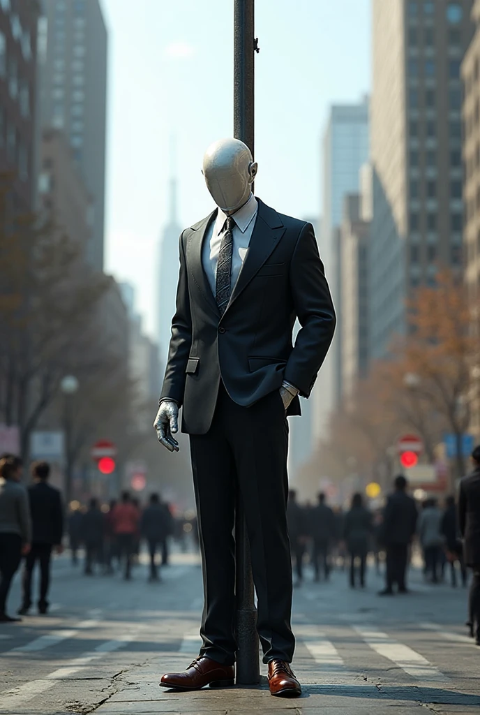 In the city,A faceless mannequin walking,The faceless mannequin is wearing a flashy suit