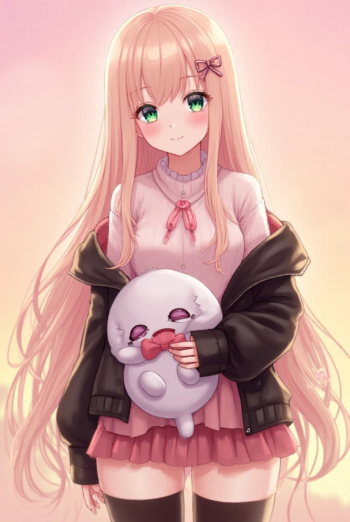 Anime girl, long silky blonde hair with soft pink highlights - SeaArt AI