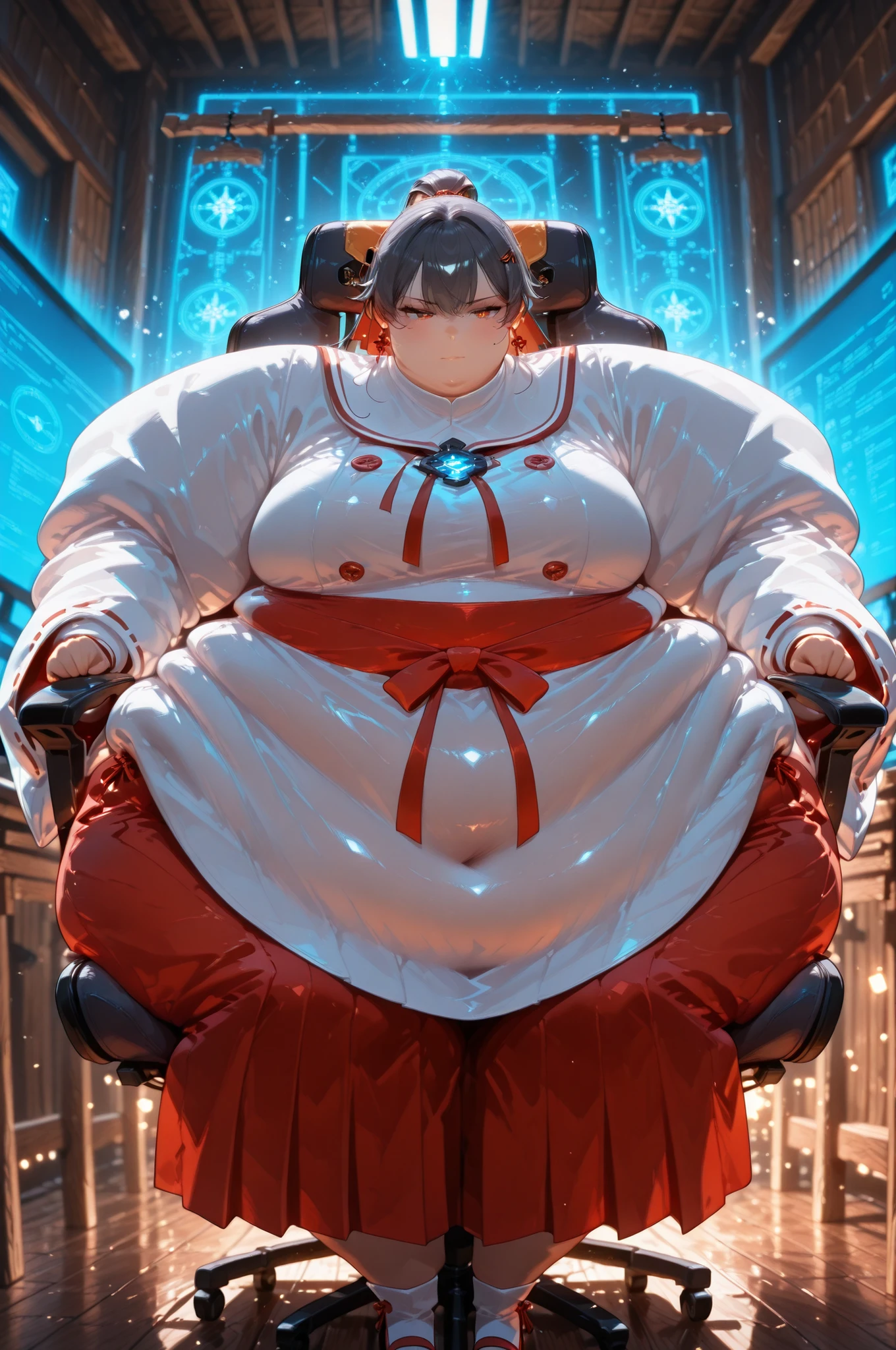 masterpiece, best quality, 1girl, solo,A hyper-detailed, slightly dark image of Kiko, a Japanese high school student, seated in her heavily customized, clunky, dark gray hover chair that looks cobbled-together with exposed wires and a sophisticated gaming rig dashboard. She is visibly large due to the Decadence (grotesque obesity). She wears a practical, slightly faded shrine maiden uniform (Miko attire)—a white top and red hakama skirt—that has been modified with durable, utilitarian stitching to accommodate her size and the chair. Her expression is intensely focused and resentful, illuminated by the cold blue light of a hidden screen. She sits in a dilapidated, traditional Japanese setting (a back room of an old shrine) with neon gaming decals contrasting with wooden walls. Cinematic lighting, digital art style.