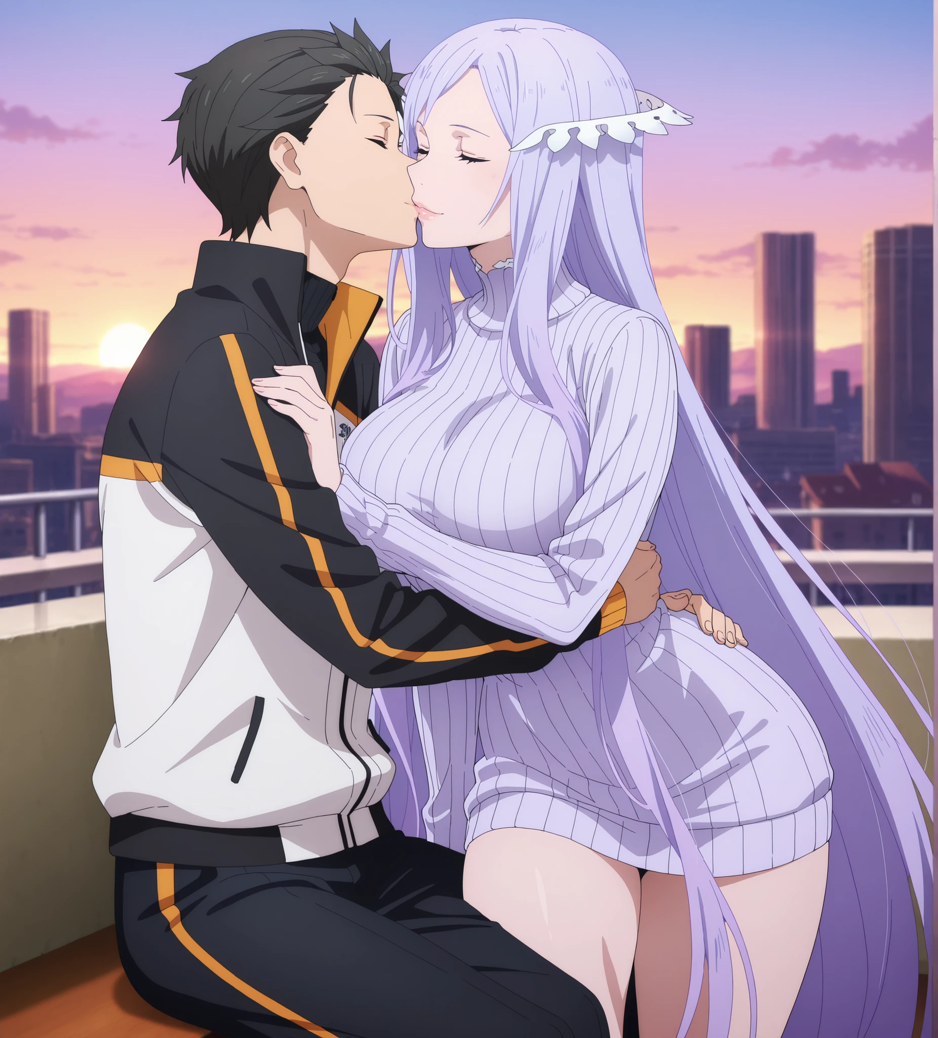 newest , masterpiece , anime screencap , anime coloring , masterpiece, best quality, quinella, 1girl, adult female, long hair, light purple hair, close eyes, glamorous bodies, attractive bodies, big Curvy, Neat, big breasts, thick thighs, Toned thighs, ((black turtleneck sweater, black pants,)), Lips, Subaru and quinella being a lovey dovey couple very affective in a city, subaru black pants and pullover, love , happy, ,1girl,, ,sitting, standing, kissing, 1boy, couple, husband and wife, happy, romantic kiss, passionated kiss, hug, 1boy, adult male, natsuki_subaru_locon, black hair, close eyes, grey hair, jacket, natsuki subaru, track jacket, realistic, photorealistic, detailed shadows, realistic shadows, Filipino, Sunset,