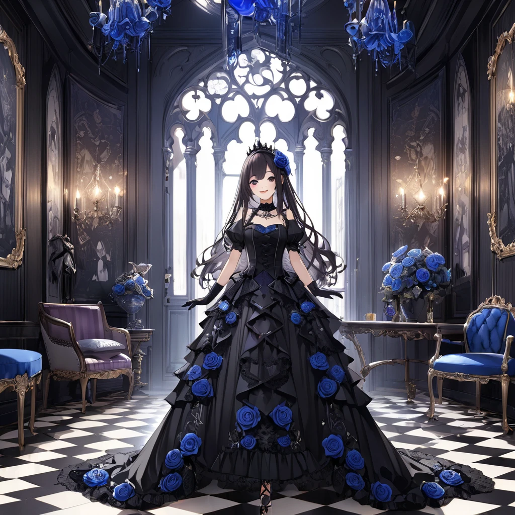 Dramatic composition, court-style dresses, royal, gorgeous, cascading frills, ruffles, bows, crystal chandeliers, Roman curly hairstyles, ponet, double ponytails like drills, look at the camera, bangs, maximalism, palatial background, delicate portrayal of hair and eyes, princess dresses, gorgeous skirts, flowers in hand, smiles, starry eyes, cinematic light, extreme detail, high definition, happy girl, very long hair, diamonds, broken diamonds, crystal fragments, light particles