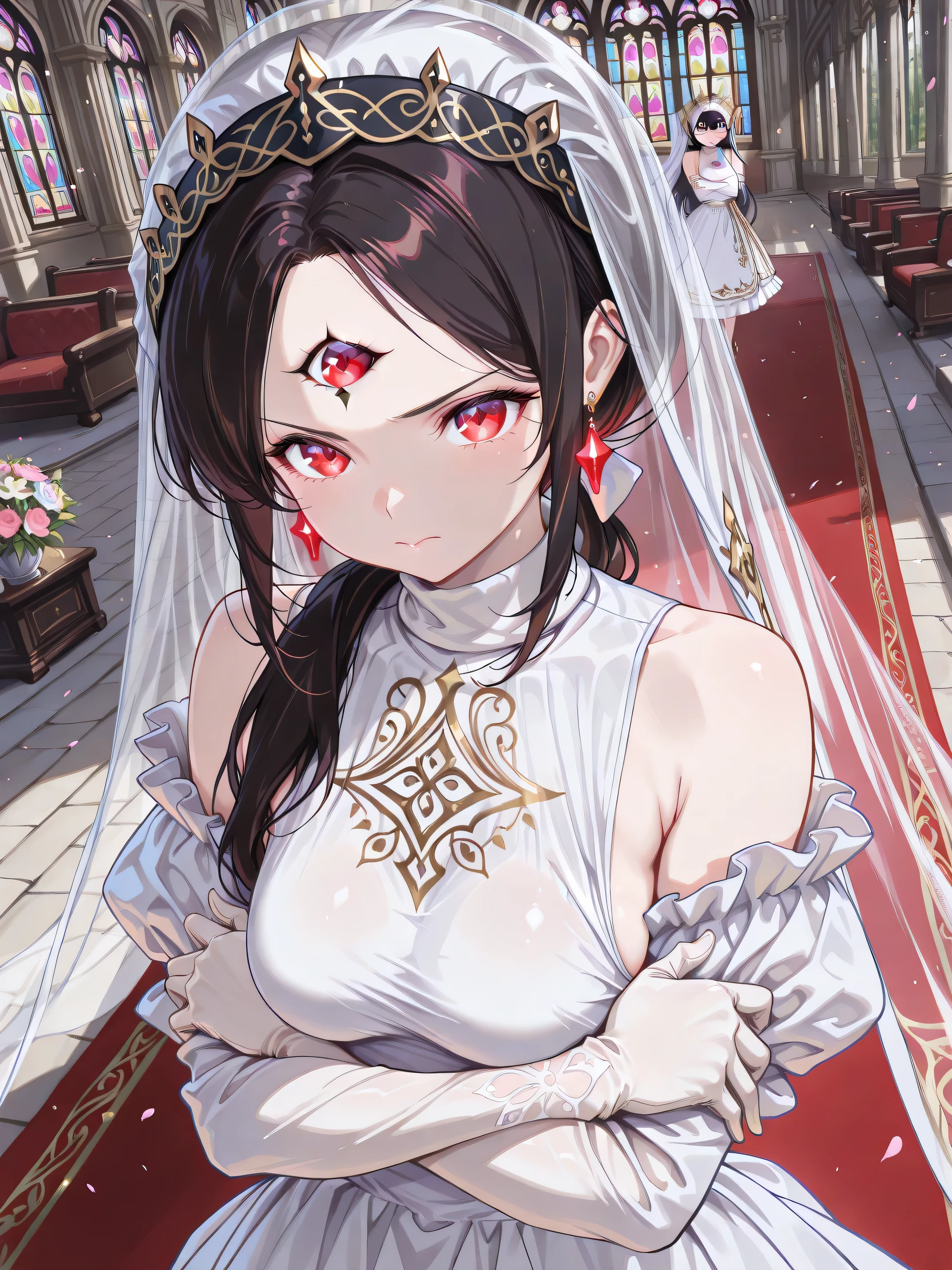 ((language: japanese、English)、(masterpiece), (Highest Quality), (high score), (high resolution),(4K),No censorship,),

(Rome in the Middle Ages、(spring)、(watching the audience in the morning)、(Outdoors)、1girl,,solo,),
(masterpiece, Highest Quality, very aesthetic),
(,(magnificent cathedral、red carpet、stained glass）、,,,,(anatomically accurate),),

(((detailed eyes,Anime Eyes,Advanced Eye Details),(The Third Eye glowing red),,BREAK,(very cute and beautiful girl),(beautiful hair,depicting extremely delicate hair, hair detailer:1.5),(ultra-detailed face:1.4),(deep detailed eyes:1.4),))

((mature woman,dark haired, long hair, side lock, low ponytail, Third Eye, (headdress, with race),white dress,(turtleneck dress,frills, race, luxuriously embroidered dress),Offshoulder,,long gloves,white gloves,diamond earrings,(turtleneck, V-neck),(medium breasts),(side boob),(Short Height),),((Glynn),)(Head down :1.2),(bouquet, arms crossed in front of chest, bouquet held in both hands, bouquet wrapped),,BREAK,(White race, wearing race,  cover forehead ,  face ),[Viewer over:],[facial focus:],,BREAK,[upper body close-up:],[from above:1.5],[Frontal shot:1.5],[Dutch angle],),
(White veil, very long, veil covering the forehead, forehead hidden),(White veil, very long, veil covering the forehead, forehead hidden),
(),
（high score）、（BEST IMAGE GENERATION）、
(number of correct fingers, Five Fingers),
(White race, wearing race,  cover forehead ,  face ),
