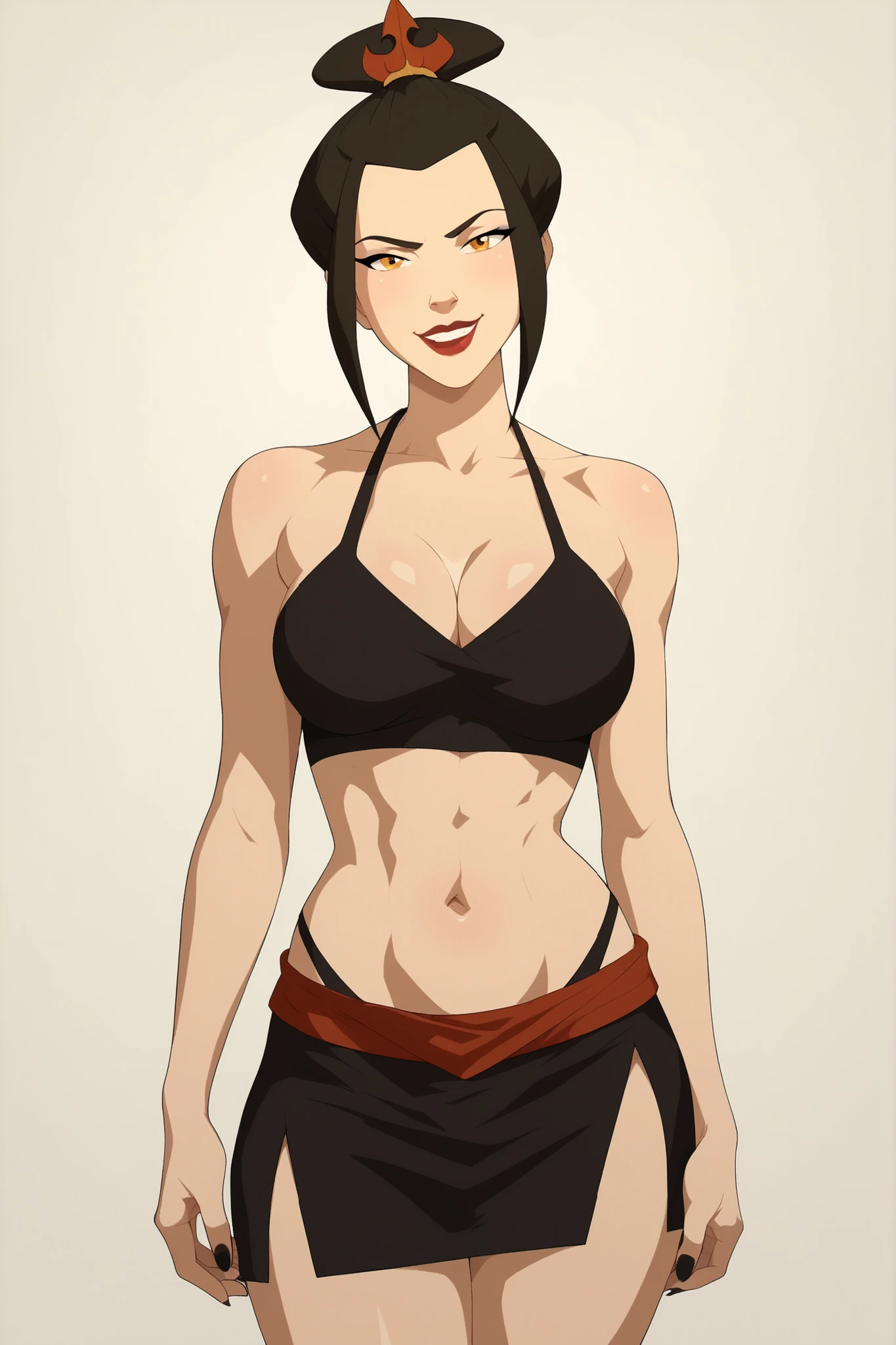 Azula from Avatar would be , golden eyes, black clothes , Letting see the navel, black top corp , Black nails, black lipstick, eyes with black eyeliner, smile, pronounced bust, showy bust , beautiful and sexy body, sexy legs,  sexy hips, pechos grandes, wearing a short black skirt, white background, erotic clothing , Pose sensual.