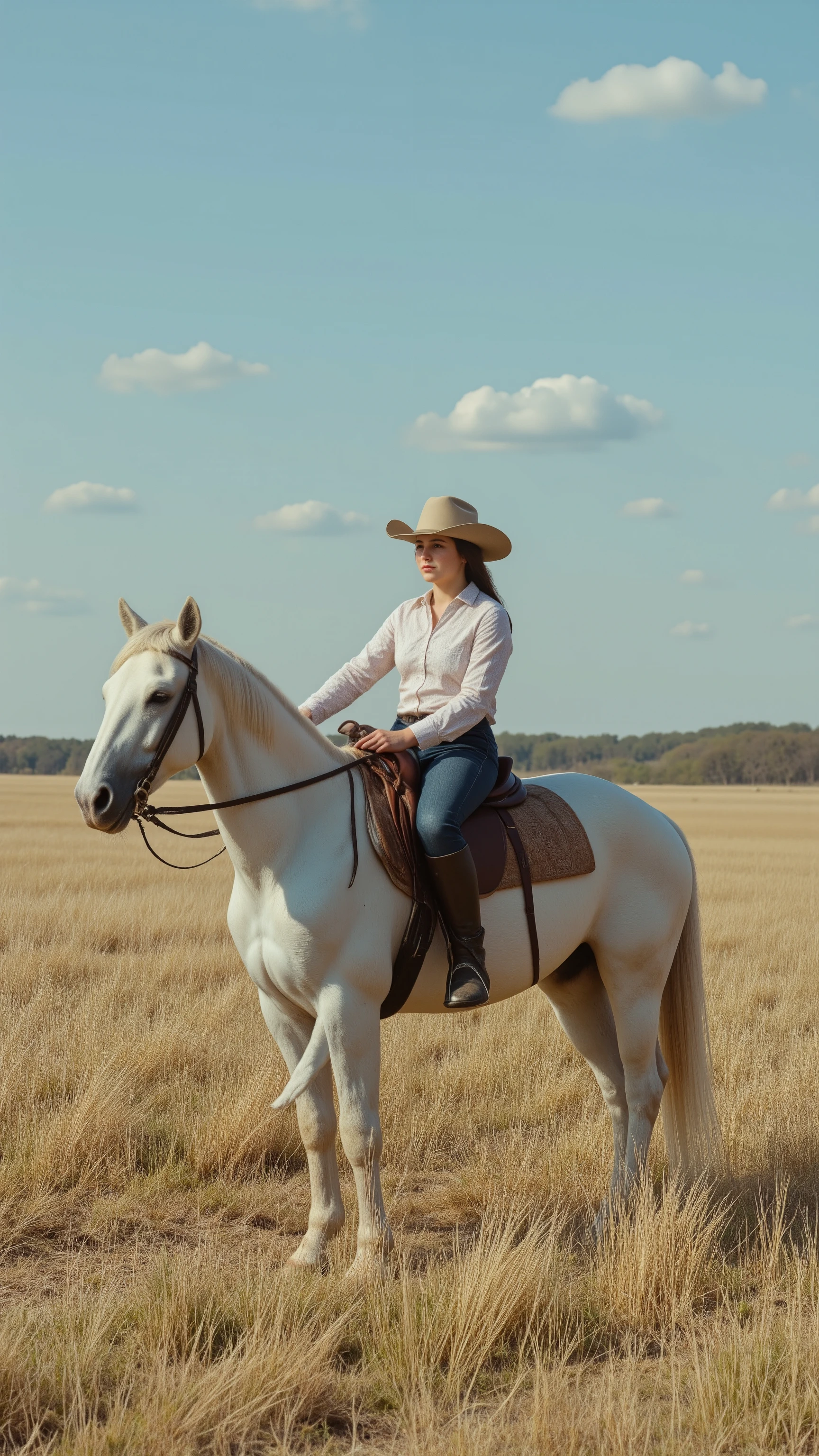 high-definition images、 She is the daughter of a farmer who teaches horseback riding in the prairie area of Fort Worth.、She rides a white horse and keeps her eyes on the passengers while controlling it.
