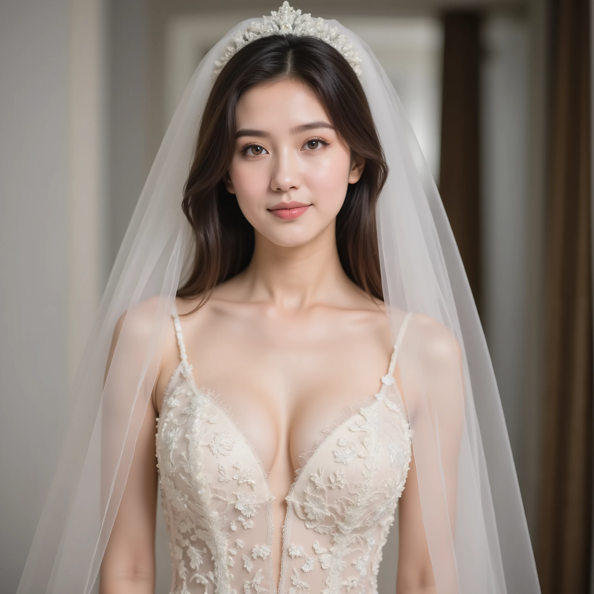 wedding dress and veil to cover face, (very detailed:1.10), (super realistic full body portrait photo:1.15), (very detailed and clear focus :1.10), (woman in the center of the image :1.5), (At a wedding, She's staring at me, Full body shot without underwear:1.5), (Studio lighting to illuminate your body:1.10), BREAK,
(silk wedding dress for church wedding, top dress, Trendy Wedding Dress, BREAK,
(very detailed beautiful Japanese female idol:1.10), (very detailed beautiful slender and glamor:1.9), (perfect anatomy:1.15), (Cute Smiles:1.3), (very detailed big eyes, double eyelids), BREAK, wedding veil, No hair ornaments,
((very detailed upturned beautiful breasts, deep creamy beige F cup chest:1.5)), deep v-neck, ((perfect skin and perfect costume:1.8), BREAK,