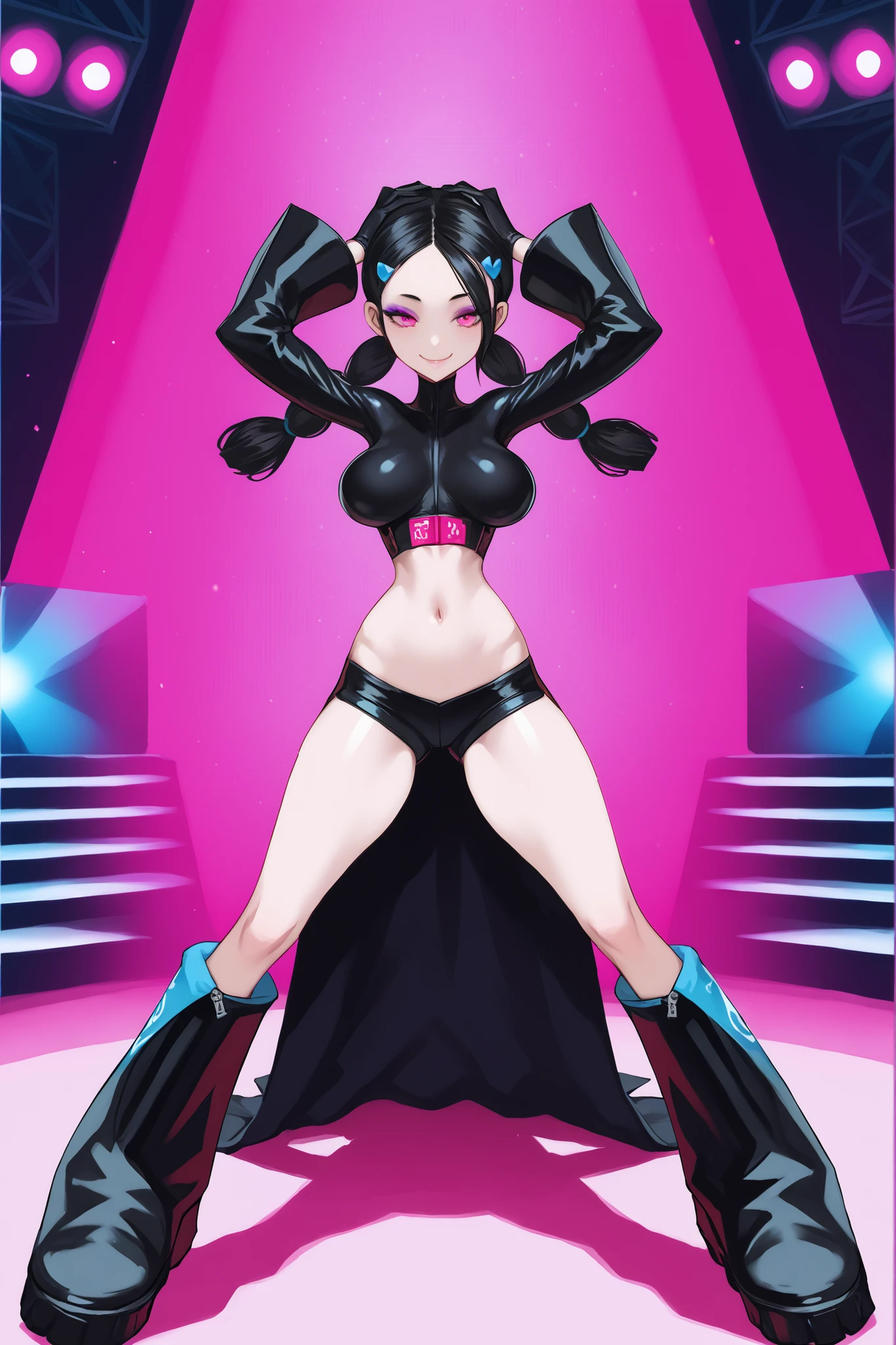 Candice. Black hair. Hair tied back. Long tied hair. Forehead. Fringe. Pink eyes. Villain eyeshadow. Purple eyeshadow. Sarcastic smile. Glossy costume. Red mark. Belly button. Black latex gloves. Oversized boots. Perky breasts. Slender waist. Belly button. Thighs. Legs spread. Hands on head. Screen background. Stage. Pink light up. Spotlight.