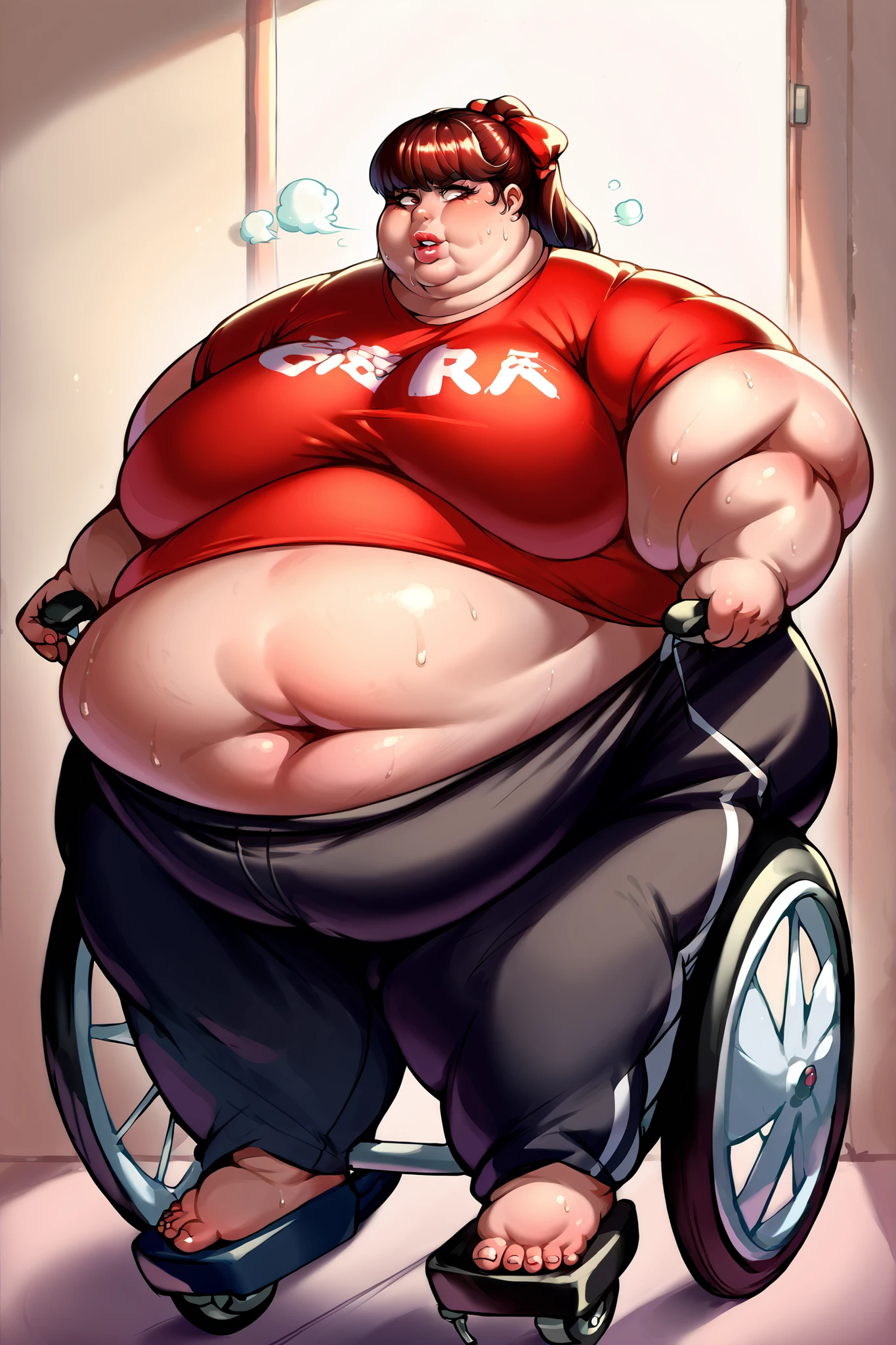 defSumi, long hair, ponytail, red bow, sweat shirt , sweatpants giant hands, giant feet, fat, chubby, obese, gigantic arms and legs, gigantic breasts, sagging breasts, full body shot,  fat face, chubby face, double chins, big lips, in a wheelchair 