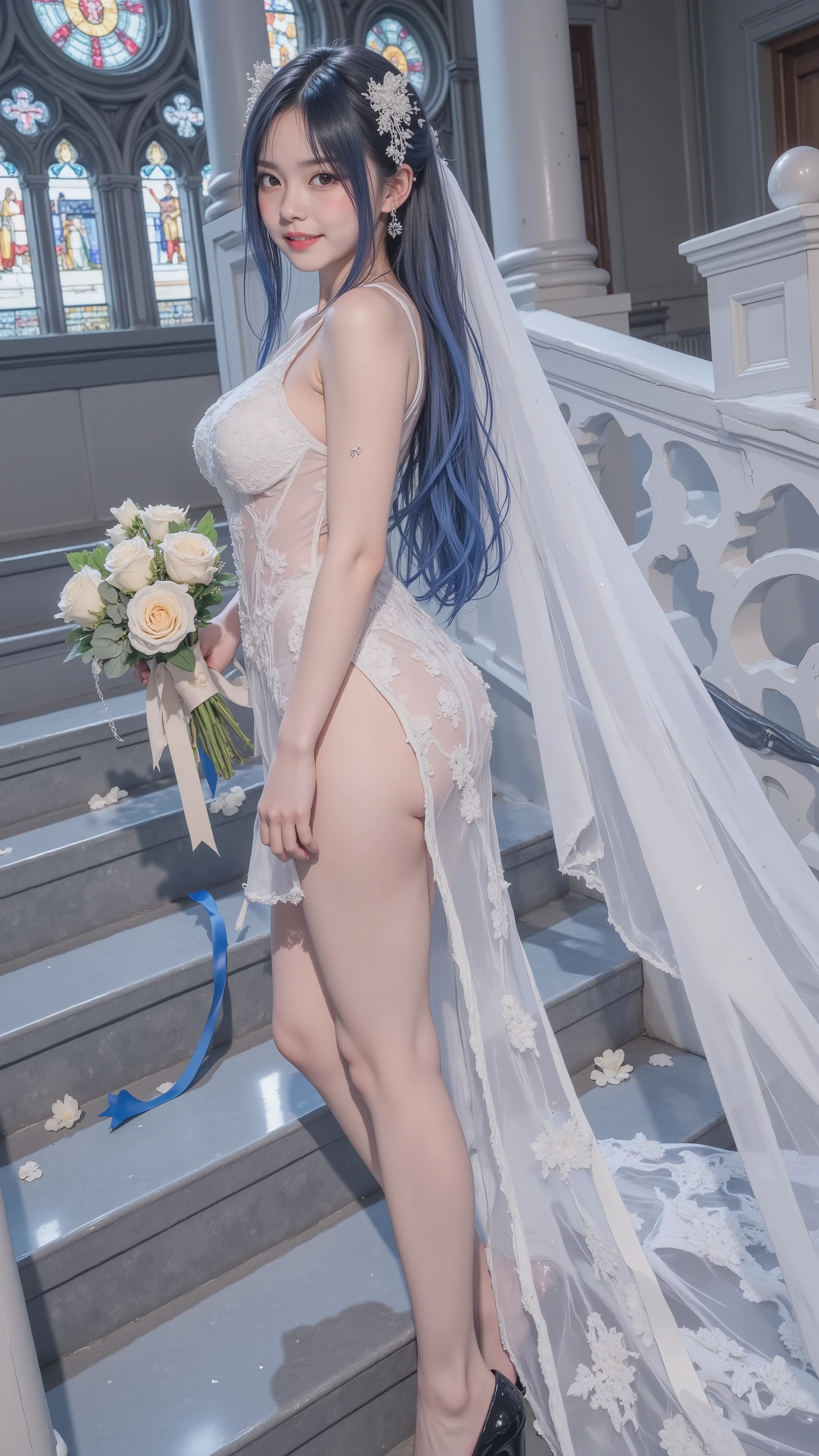 A hyper-realistic, photorealistic image of Azur Lane's New Jersey as a live-action beautiful young woman with long flowing blue-tinted hair, bunny ear-like headpiece, wearing a white wedding dress with sheer lace and floral embellishments, exposing skin in a super sensual and alluring way, emphasizing her voluptuous body curves, perfect skin texture, embodying ultimate feminine beauty. She gracefully descends a grand Gothic cathedral staircase, with soft colorful light filtering through stained glass windows, pillars and petals in the background. Holding a bouquet of yellow roses wrapped in beige paper, her expression a mix of happiness and shyness, sparkling violet eyes, subtle smile, blushing cheeks. Her figure is ultra-curvy with ample bust, slim waist, rounded hips, long legs, in high black heels. The dress features flowing long train and veil, blue-tinted ribbons and star accessories. Soft dramatic lighting highlights and shadows on her skin for enhanced beauty, ultra high resolution, intricate details, cinematic quality.