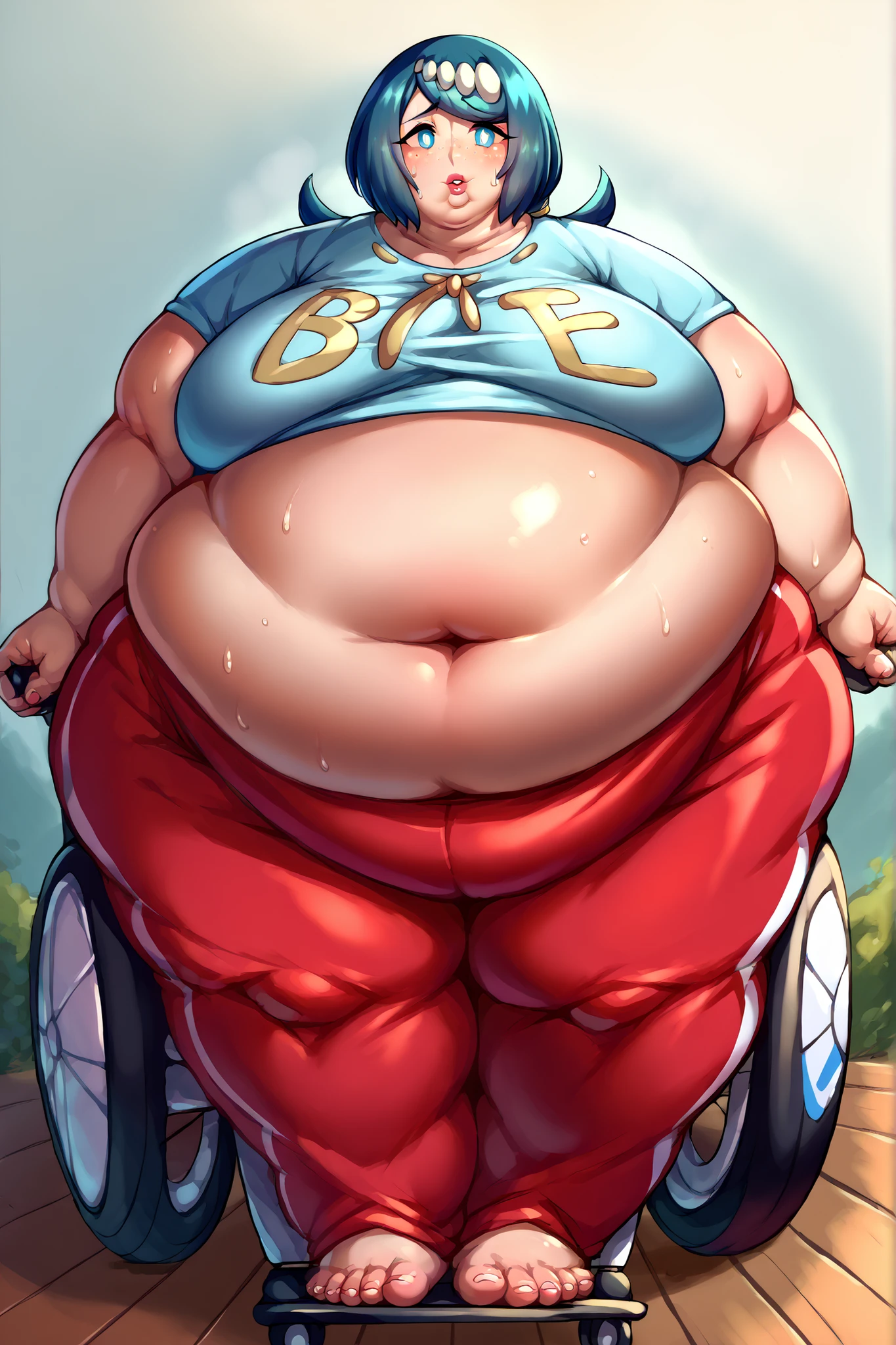 pokemonmotherlana, blue eyes, blue hair, freckles, hair ornament, long hair, swept bangs, bright pupils, sweat shirt , sweatpants giant hands, giant feet, fat, chubby, obese, gigantic arms and legs, gigantic breasts, sagging breasts, full body shot, fat face, chubby face, double chins, big lips, in a wheelchair