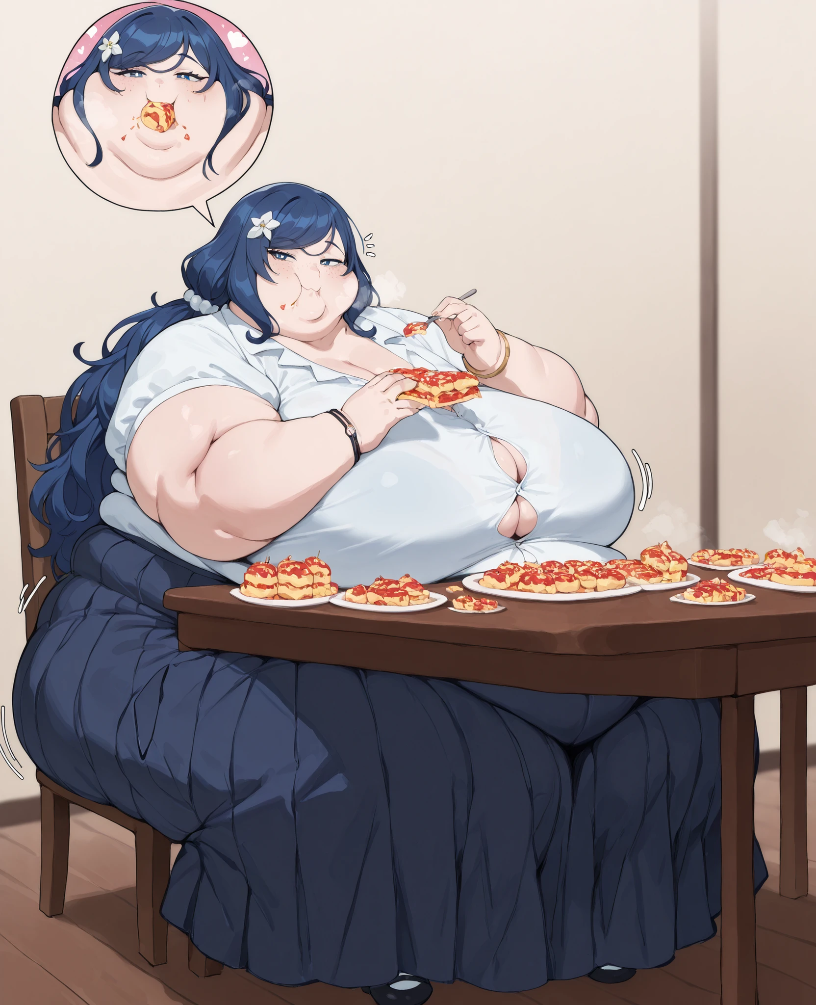 score_9, score_8_up, score_7_up, source_anime,
pokemonmotherlana, blue eyes, blue hair, freckles, hair ornament, long hair, swept bangs, bright pupils,
blouse, blue skirt, bracelet, collarbone, dress, jewelry, long skirt, shirt, short sleeves, skirt, white shirt, embarassed, blushing, round face, breasts, plump,,,, ,chubby cheeks,masterpiece, best quality, female, overweight, blobface, chubby cheeks, morbidly obese, close up, 1 ton heavy, heavy breathing, half-closed eyes, squishing, solo, immobile, fat rolls, fat folds, fat face, triple chin, one puffy cheeks, large chest, 1girl, solo, masterpiece, HD, best quality, extremely detailed, high resolution, highres, quality, masterpiece, 8K image quality, wide face, smug, horny, in heat, hungry, side profile, head tilt, full body shot, Fat_neck , Fat head , chin roll , fat face, chubby face, double chins,puffy cheek, swollen face , motion line, sitting , in front of ton of food, table, chair, eating food, food in mouth, food in hands, rush of food, sitting on chair, dinning hall, dinning table, eating food, eating sweets, glazed over, clothes ripping, torn clothes, wardrobe malfunction, half naked, (clothes rip 1.3), (tight clothes 1.5)