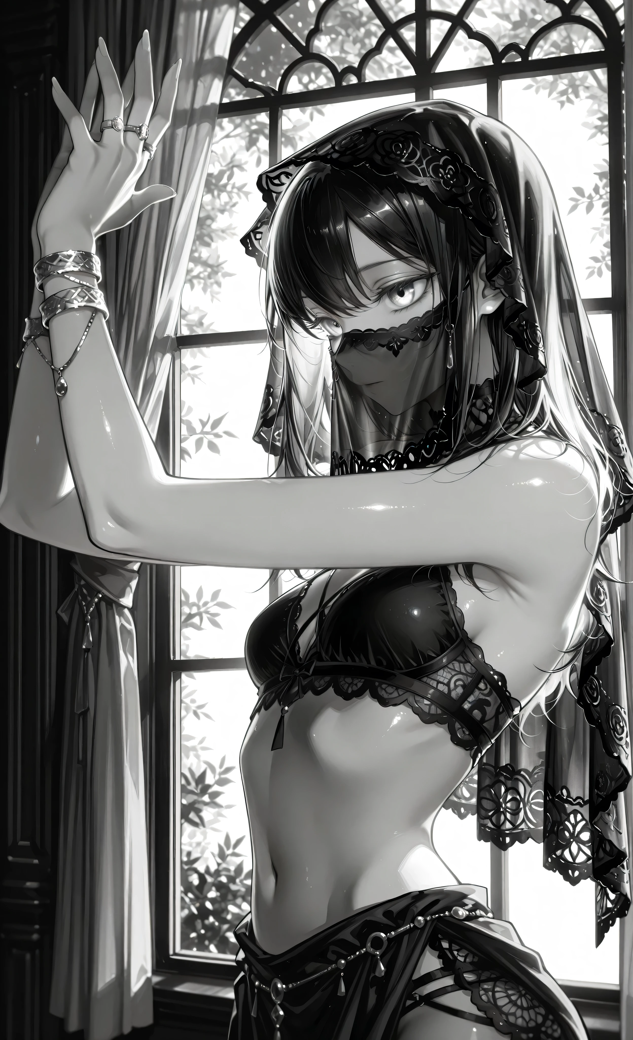 full face veil ,(masterpiece, best quality, ultra-detailed:1.3), artistic photography, high contrast, (slightly grainy texture:1.2), monochrome, (predominantly grayscale:1.4), deep blacks, soft whites,

1girl, solo, young woman, pale skin, (black hair), (The eyes glow blue), central composition,

slender body, (low-cut black top), thin strap bra, (arms raised gracefully), long fingers, ring, bracelet,

(black delicate lace veil), (veil draped over head and shoulders), (obscuring face), revealing hints of features, (intricate lace pattern),

(room interior), (soft natural light from window:1.3), bright blurred backdrop of curtains, (dramatic lighting), (melancholic atmosphere), mysterious, introspective, sense of mystery