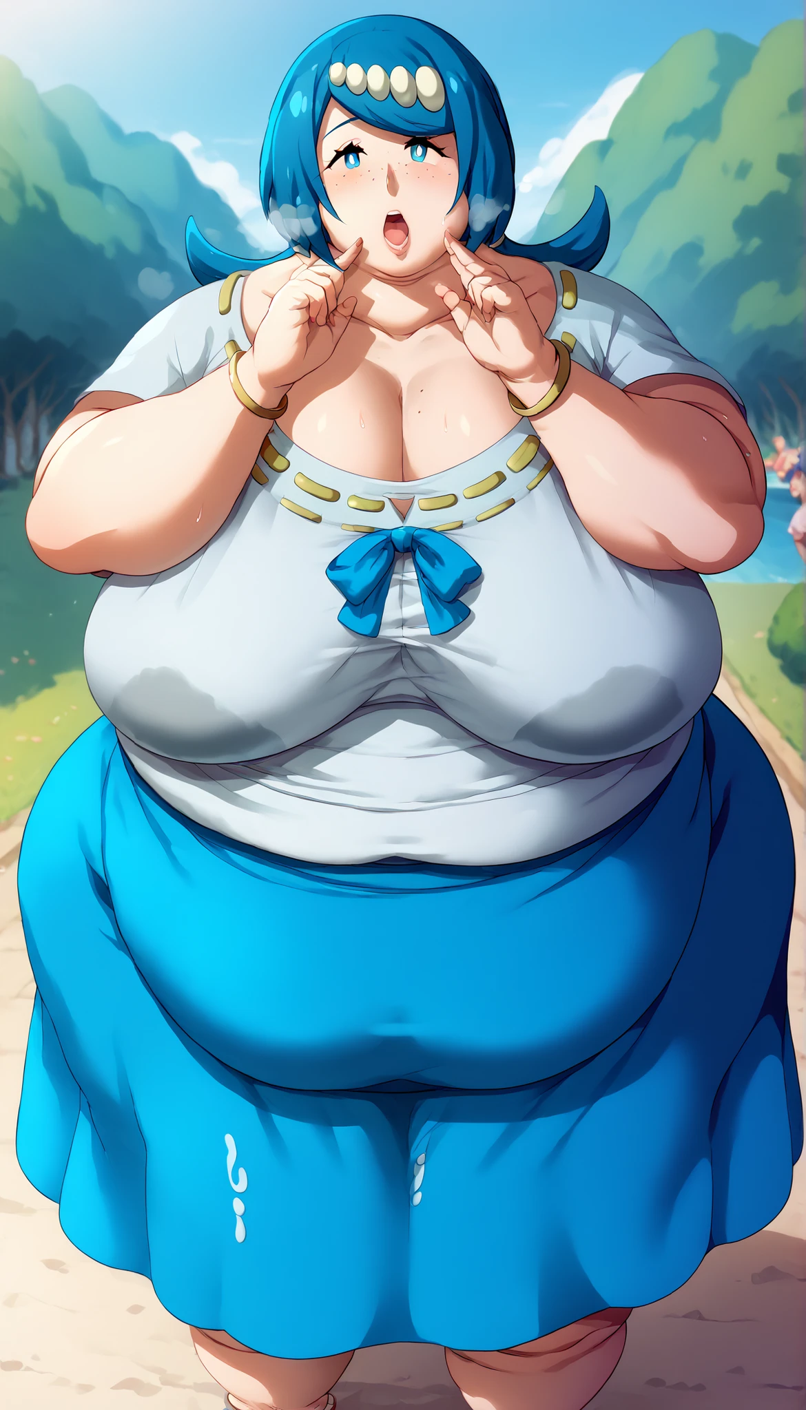 pokemonmotherlana, blue eyes, blue hair, freckles, hair ornament, long hair, swept bangs, bright pupils,
blouse, blue skirt, bracelet, collarbone, dress, jewelry, long skirt, shirt, short sleeves, skirt, white shirt, thighs, pretty beautiful mature old cute curvy slut bbw female woman sexy, chubby ,big hairy milf big, cute, chubby, Obese, huge arms and legs, BBW、big chest wide open mouth, shortness of breath、sweat, puffy cheek,