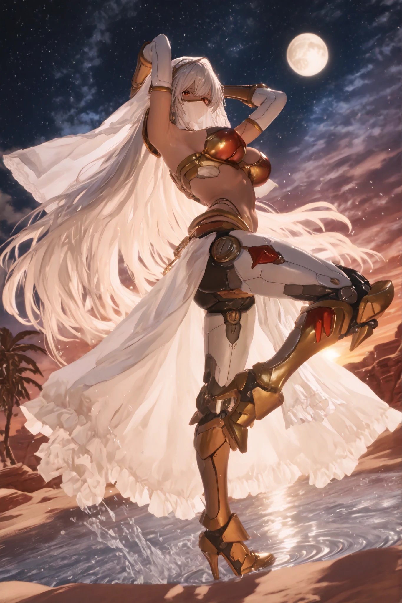 masterpiece,最High Quality,Super Detailed,high resolution,Slender,High Quality、score_9、score_8_up、score_7_up、masterpiece、High Quality、Super Detailed、high resolution、High Quality、最High Quality、anime style、Dynamic Pose、masterpiece、 1 Girl（  android girls、 Silver Hair、 mechanical hand 、Mechanical leg、mechanical waist、Machine Body、very long silvery hair、Red Eyes、brown skin dance trap with veil edge、Wearing a white veil、Pelvic Curtain、mouth veil、big boobs、thin waist、desert dancer    , tattoo、Sexy Women, evening, Belly dancers dance, tight body, smooth skin, Gold Exposure Costume with Veil Edge for Night Shooting, clear veil, Shiny silk, Bejeweled Outfit(Gold and red), show your stomach , Long Legs, Attractive Gaze, Flexible movement、standing on one leg、 ) ((dynamic dance)):2.5}、{A fantastic oasis：((Water Surface Illuminated by Moonlight)):2.5、((Moon and Stars Reflected on the Surface of the Water)):2.5、((Shining water droplets)):2.0、((Mysterious Steam)):2.0、((Palm trees by the water)):2.0、((Blue water surrounded by sand)):2.5、((Water surface reflection)):2.5、((Circular Water Waves Caused by Dancing)):2.5、((Ripples That Spread Every Time You Move)):2.5}、{Night View Desert：((Pyramids in the distance)):2.5、((Pyramid Illuminated by Moonlight)):2.5、((starry sky)):2.0、((Sand Dunes)):2.0}、{light effect：((Sand Dancing in the Desert Wind)):2.0、((fantastic light)):2.5、((Sparkling particles)):2.0、((Light from the Water)):2.0、((Water Drops Scattering While Dancing)):2.5、((Splashes of Water Every Time You Move)):2.5}、((mystical atmosphere of the desert)):2.5、cinematic lights:2.0、professional photo:2.0、超high resolution:2.0、Fantasy Realism:2.0、No UI display:2.0, Water surface reflection, enchanting atmosphere, Drama, Long Exposure, Brilliant Details, shadow contrast during night photography