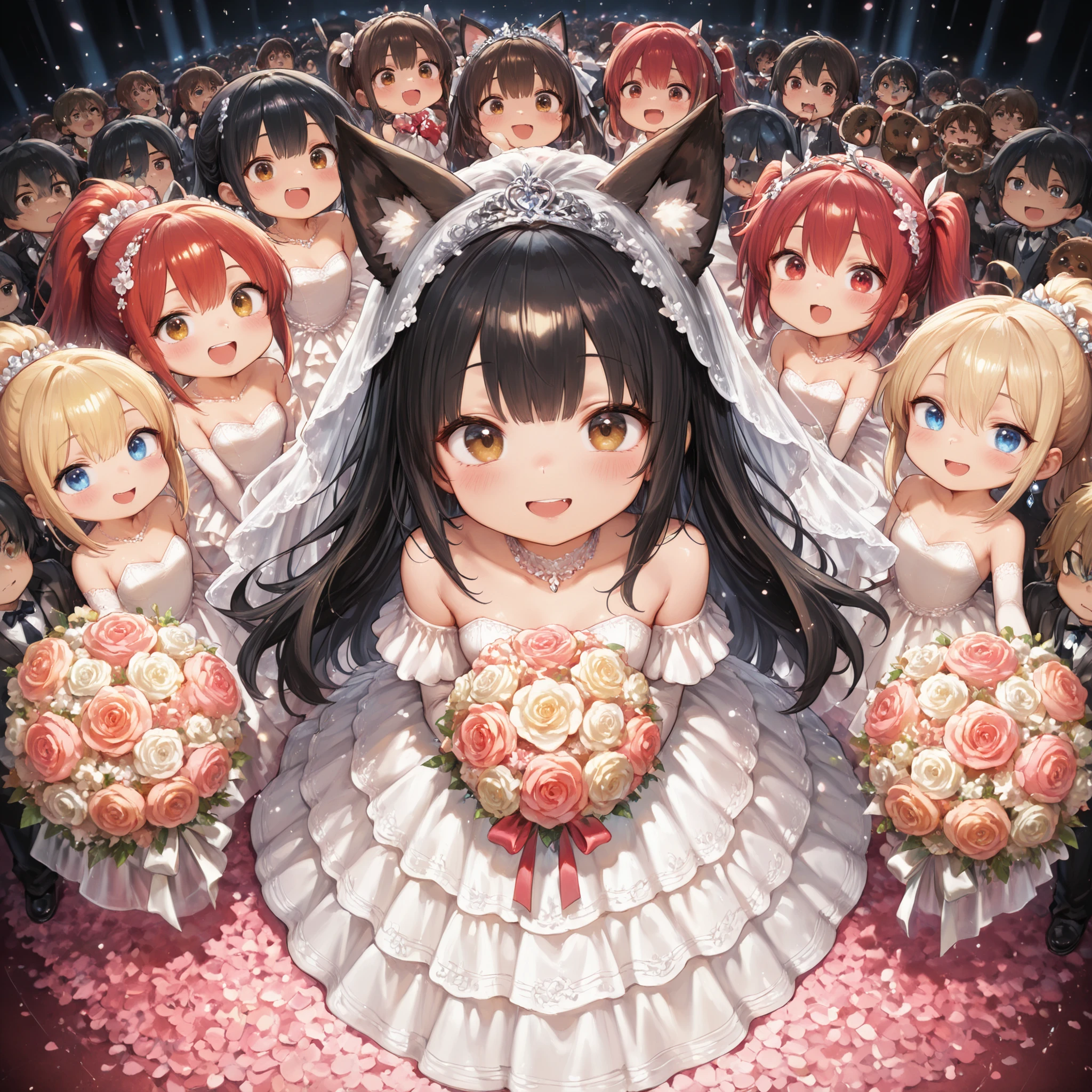 masterpiece, Highest Quality, anime style,
(chibi:1.2), full body, 2.5 heads tall, (multiple people),
Girl with Beast Ears, Wedding Style, ,
Blond girl with fox ears, straight long hair, Blue Eyes,
Girl with Brown Tanuki Ears, Fong Master, brown eyes before vaginal intercourse,
girl with black hair cat ears, Ponytail, golden eyes,
Girl with Red Hair Bat Ears, Long Wavy Hair, Red Eyes,
(Wedding Style場内), chemo eared bride in a wedding dress, Tuxedo what boy, Bouquet toss, high angle,
macarons, Tai Fook Cake, perfection,
TheDeail, Cute, mesugaki, glowing,