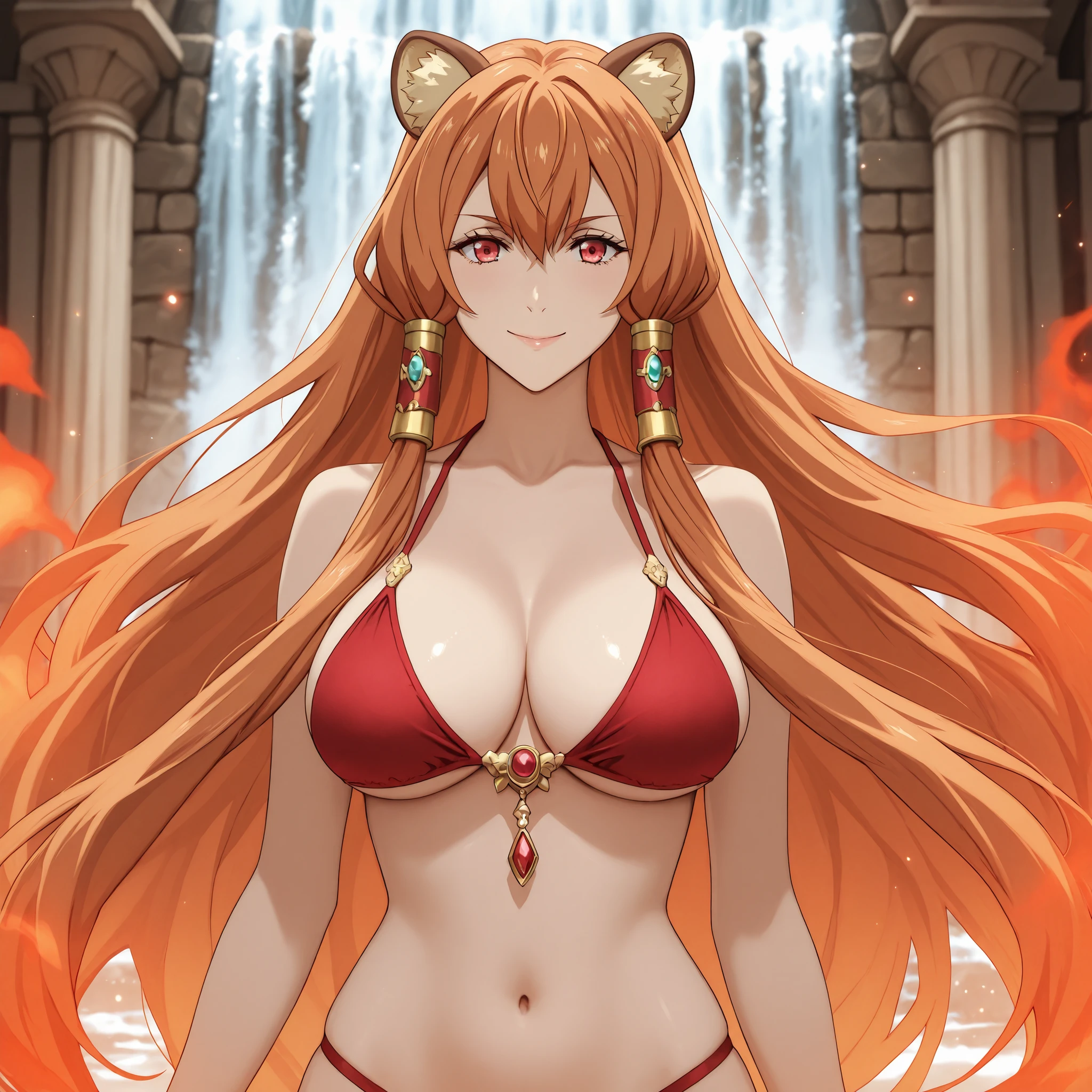 Natalia, tate no yuusha no nariagari, raccoon girl, raccoon ears, Cola de Mullida, animal ear fluff, Red Eyes, orange hair, very long hair, long hair, hair between the eyes, capillary tubes, curvaceous and elegant figure, with large breasts and harmonious proportions. Wear a majestic red bikini with gold details of a futuristic look under a majestic waterfall, water caressing her smooth skin, surrounded by an ethereal aura with particles of light floating in gold Around her. smile maliciously, radiating natural beauty. Hyper-detailed anime art, magical atmosphere, warm tones and stylized realism. big boobs.