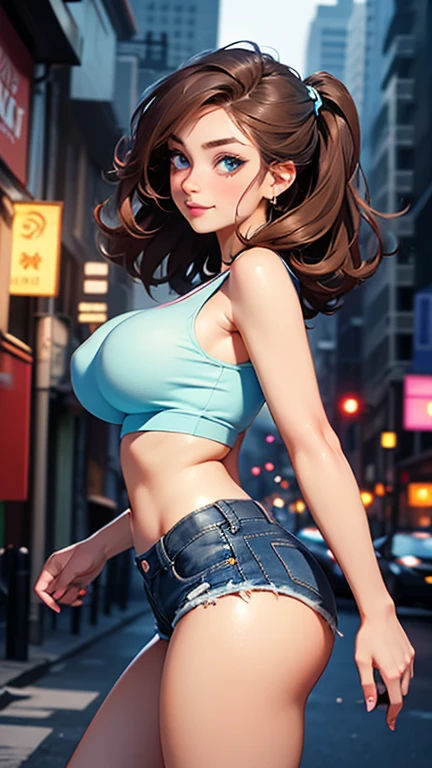Bright colored high necked sleeveless knit open ?????, denim mini skirt, 20-year-old girl, plump and soft ??????? and fair skin (very soft ???????), cleavage, fluffy ???????, curved forward, dark brown hair, pointyTail, Cityscape, Kamimei, shy smile, necklace, earrings, high heels (very detailed), (perfect facial details), (very detailed hands) realistic photos.