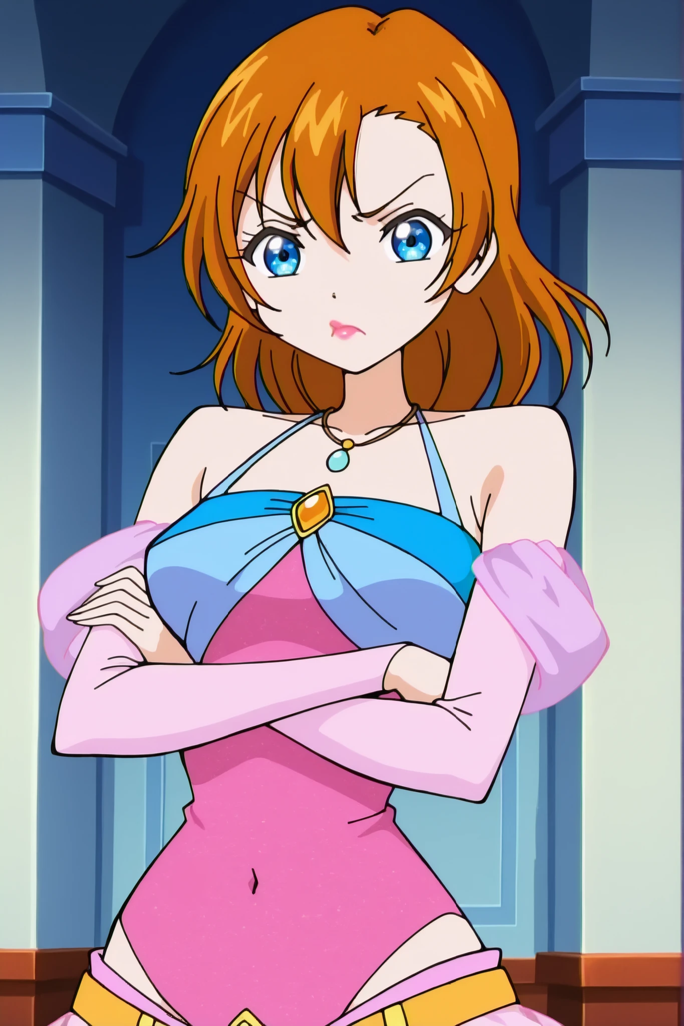 winx , 1girl, solo,anime screen cap, kousaka honoka, upper body, pink clothes, dancer, breast curtain,necklace,wide hip , lipstick, pouting , covered navel , lowleg,belt,(covered nipples:0.8), indoors , looking at viewer , crossed arms