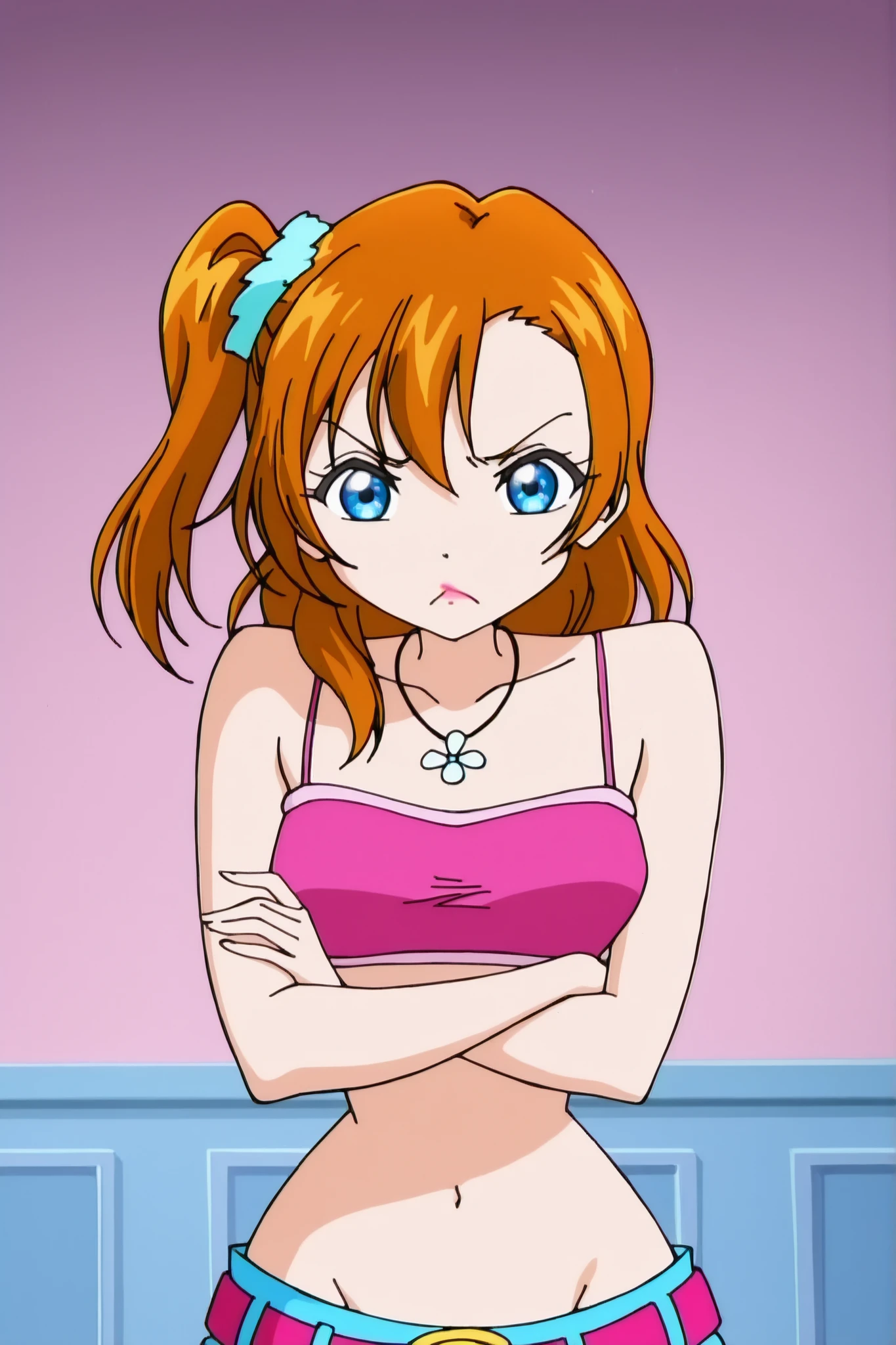 winx , 1girl, anime screen cap, kousaka honoka, upper body, pink tube top, spaghetti straps,necklace,wide hip , lipstick, pouting , lowleg,belt,(covered nipples:0.8), indoors , looking at viewer , crossed arms ,big naval, naval focus