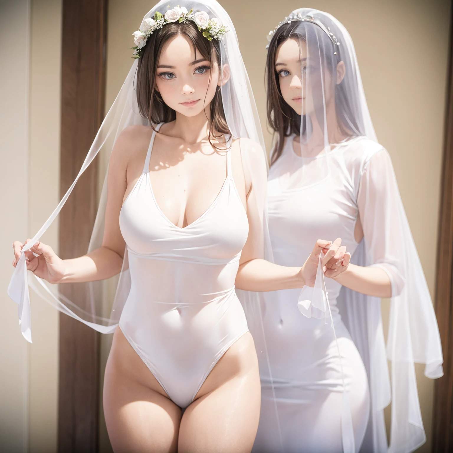 Desert Road，Wear a hooded slit dress in a white crop top，White lace stockings two-dimensional a beauty