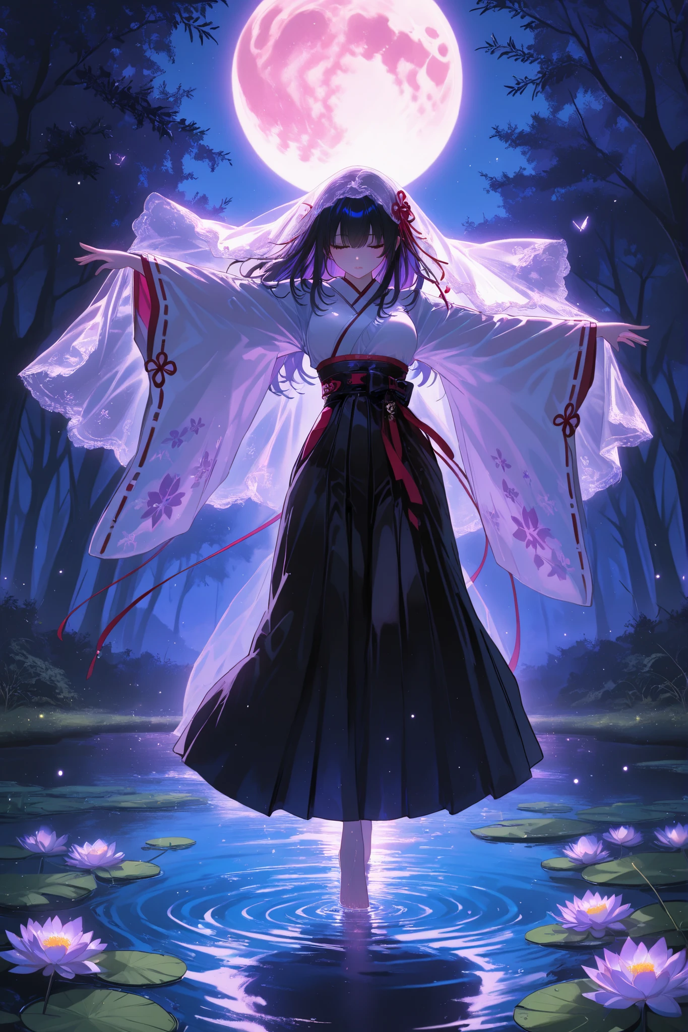 masterpiece, best quality, ultra detailed, highres, japanese fantasy, ethereal atmosphere, cinematic composition, dynamic dancing pose, a shrine maiden performing a dance, on a pond covered with water lilies, under the full moon, she spreads her arms wide, twisting her upper body gracefully in mid-motion, black long hair, a pure white kimono, deep violet hakama, her long sleeves flowing, a translucent veil covering her face, faintly revealing her sorrowful expression beneath, droplets of water scatter and shimmer in the moonlight as her movement disturbs the pond’s surface, soft mist swirls around her feet, illuminated by pale moonlight, ghostly fireflies drift through the scene, casting gentle reflections, the lighting is moody and delicate, soft shadows and glowing highlights, the scene evokes beauty, solitude, and quiet melancholy, a fleeting moment of sacred grace.