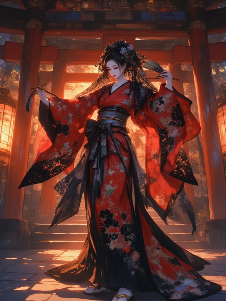 2D illustration. A cool and beautiful shrine maiden, a red and white s ...