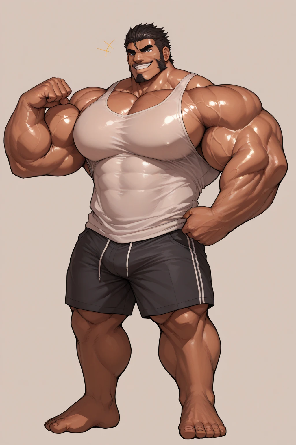 , big  , huge , Dura, alone, whole body, smiling, muscular, huge muscle, big muscles, pectoral muscle, Chico, YOUNG, Selim, cheered up, black fur, black eyes, dibujos cheered ups, face, very YOUNG, face Chico 