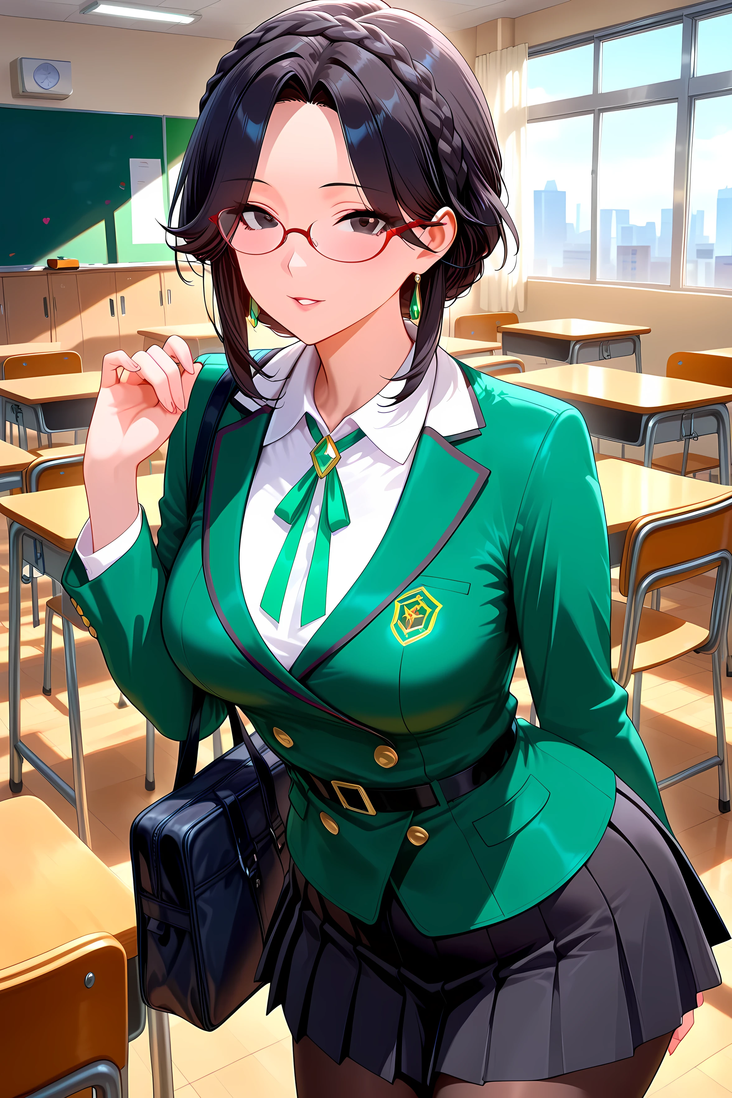 sidemap, side of the sky.
She is beautiful、I'm an Obscene Mature Woman.
dark eyes, long upward eyeliner.
Black Haired Crown Braid, I can see my eyes through my hair, Red-rimmed Glasses.
white collar shirt, emerald green ribbon , Emerald Green Black Trim Jacket, Black Pleated Skirt with Emerald Green Stripes., black tights for hypnosis.
glamorous body, medium breasted, Thick pose.
and sensual, charming.
looking at a school classroom, chair in the building on the edge.
Highest Quality, masterpiece.