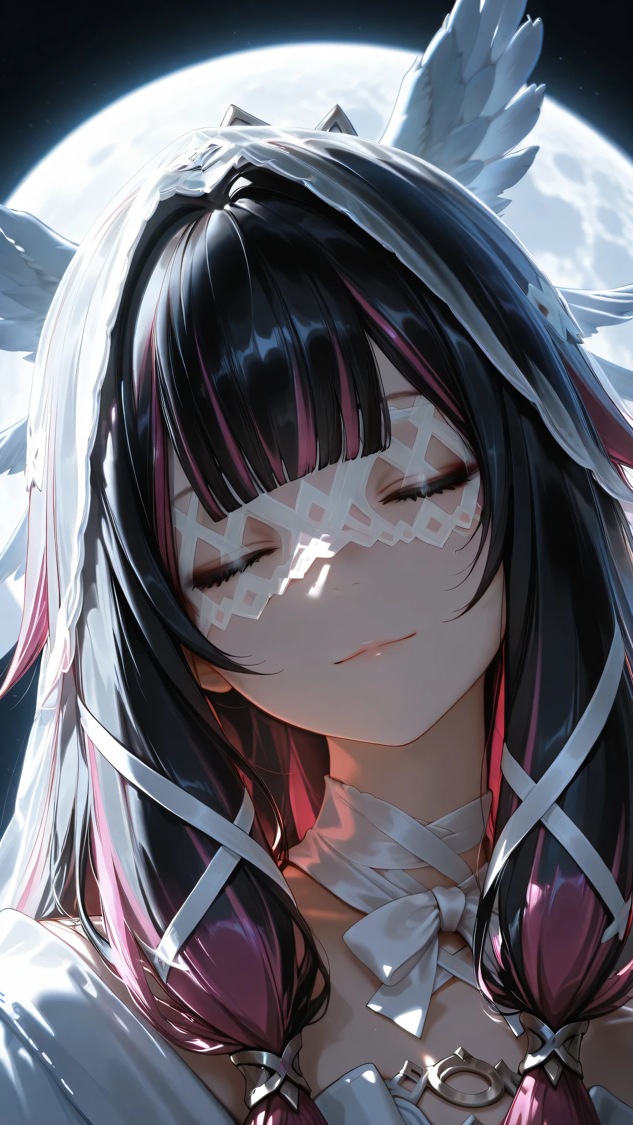 masterpiece, best quality, amazing quality, very aesthetic, highres, absurdres, dramatic lighting, dynamic angle, Columbina \(genshin impact\), closed eyes, eye mask, x hair ornament, wing hair ornament, head wings, portrait, dark, vignetting, large moon background, backlighting, light smile, head tilt, (veil, white veil, headwear, veil over face)