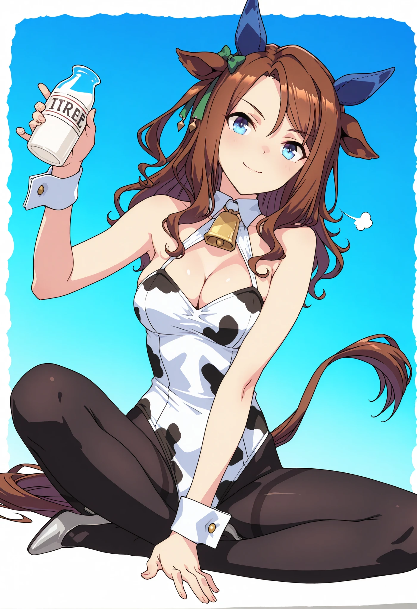 1girl, (solo:1.3), King Halo (Umamusume), sigh, smile:1.3,
medium-length brown hair with silky texture, softly curved ends, gentle shine,
(horse ears:1.4), cow ears, (small curved cow horns:1.3), cow tail,
(emerald blue eyes:1.3), refined and confident gaze, slight exhale with an elegant smile,
pose: ojou-sama pose:1.4, butterfly sitting pose, upper body focus:1.5,
framing centered on torso and face,
one hand elegantly raised near cheek or chest, graceful posture emphasizing nobility,
holding a large glass milk bottle in the other hand:1.6, bottle clearly visible and emphasized,
calm and elegant expression with composed confidence,
cleavage emphasized:1.3, balanced and natural chest line,
slender waistline, flat stomach, elegant and graceful body, medium breasts:1.3,
(anatomically correct hands, detailed hands),
outfit: glossy cow-pattern leotard, one-piece, white and black irregular cow spots,
black pantyhose, sheer glossy tights,
large cowbell necklace, wrist cuffs, white or silver high heels,
background: blue background, (fading border), (white border),
flat color style, anime-style cel shading, minimalist design,
(masterpiece), (best quality), (extremely detailed), (highly refined), (8k),
(flat color), (TYPE-MOON style), (Hires.fix), (dutch angle:1.4)