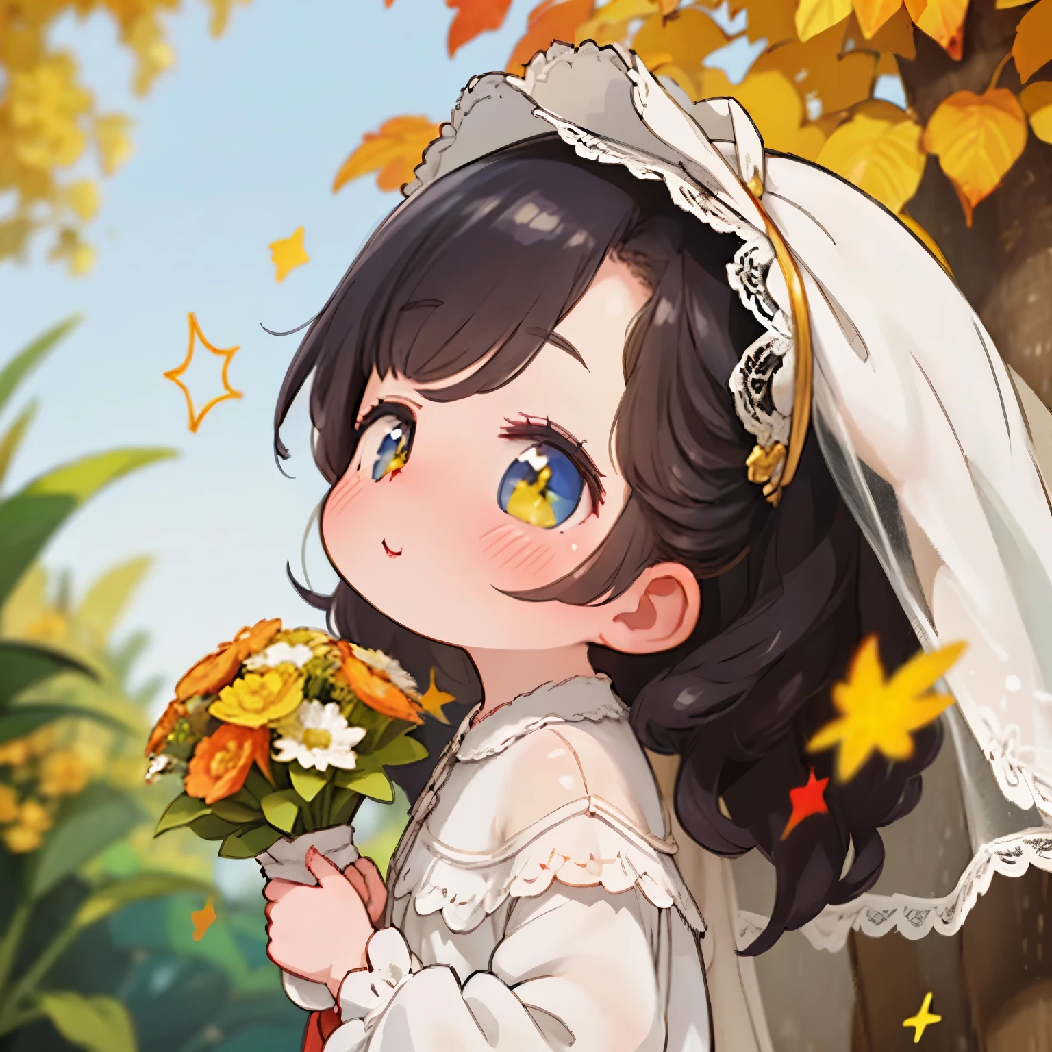 score_9, score_8_up, source_anime, nsfw,uncensored,animeスタイル,Beneath the veil,high image quality、animeスタイル、Summoned a beautiful woman in a white lace wedding dress on top of the magic circle、Lace veil,Light from the Magic Circle、Gentle smile、long hair、dark hair、holding a bouquet on the front,Short Height,skinny,From the side,fall foliage,wind,Yellow River Yun Style,glitter,Fisheye Lens,Sparkling,depth of subject,