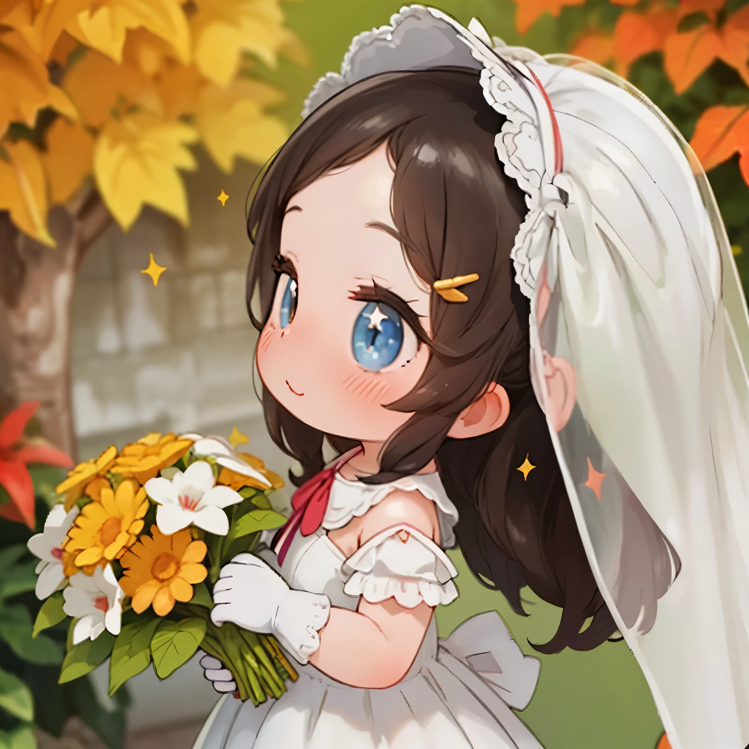 score_9, score_8_up, source_anime, nsfw,uncensored,animeスタイル,Beneath the veil,high image quality、animeスタイル、A beautiful woman in a white lace wedding dress was summoned、Lace veil,lace gloves,Light from the Magic Circle、Gentle smile、long hair、dark hair、holding a bouquet on the front,Short Height,skinny,From the side,fall foliage,wind,Yellow River Yun Style,glitter,Fisheye Lens,Sparkling,depth of subject,