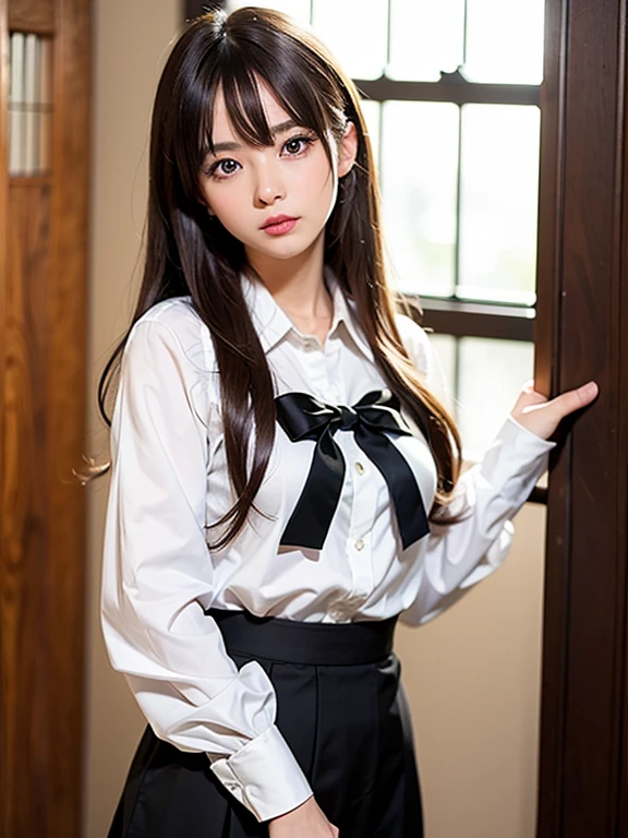 (),mature plump woman,dark brown hair,27 years old,(fair skin,thick arms:1.3),pubic hair,on bed,white collared shirt,bowtie,navy pleated skirt,blushed,