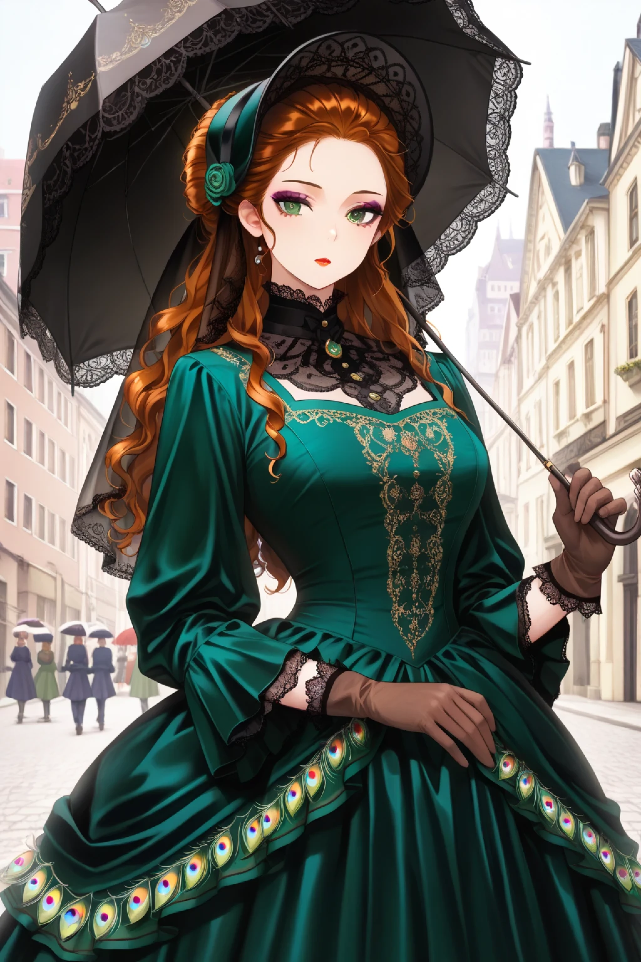 Masterpiece, highly detailed, beautiful english woman, fair skin, green_eyes, auburn hair, long hair, wavy_hair, updo hairstyle, lipstick_and_makeup, peacock green dress with a bustle, gloves, hat with a veil, folded parasol, city street, Victorian_architecture, front view, portrait shot