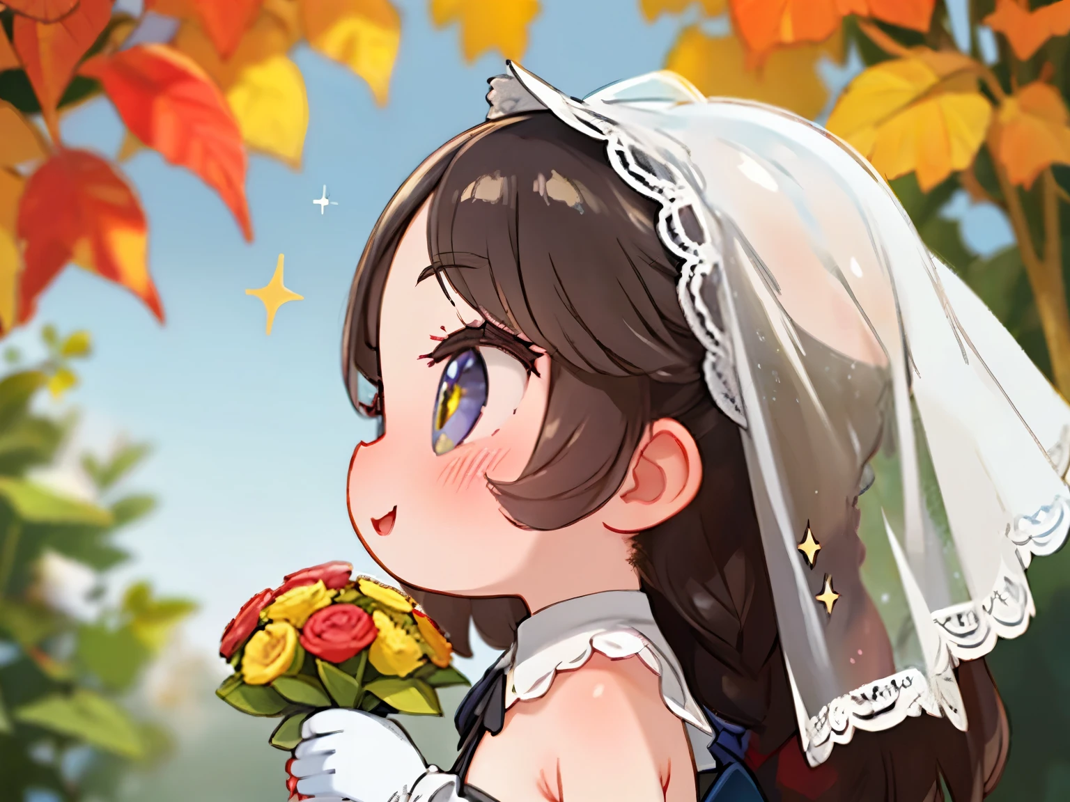 score_9, score_8_up, source_anime, nsfw，uncensored，animeスタイル，Beneath the veil，high image quality、animeスタイル、A beautiful woman in a white lace wedding dress was summoned、Lace veil，lace gloves，Full Eyes，Light from the Magic Circle、Gentle smile、long hair、dark hair、holding a bouquet on the front，Short Height，skinny，From the side，fall foliage，wind，Yellow River Yun Style，glitter，Fisheye Lens，Sparkling，depth of subject，