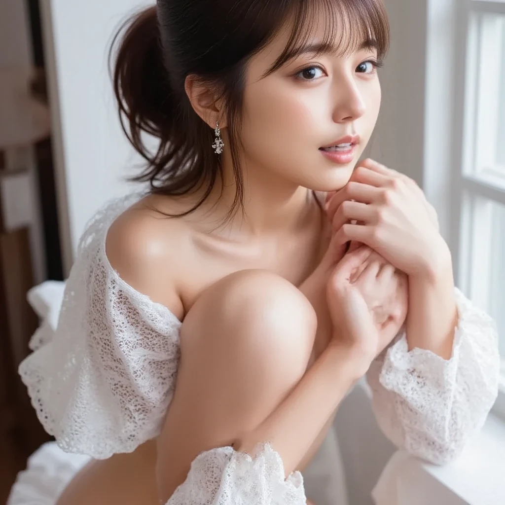 Top quality, 1 beautiful woman,plump,wearing white Asymmetrical top,blue pants, 35mm lens, f/1,feeing good,Sitting with Knees Up on sofa at living, ,(from side:1.3)