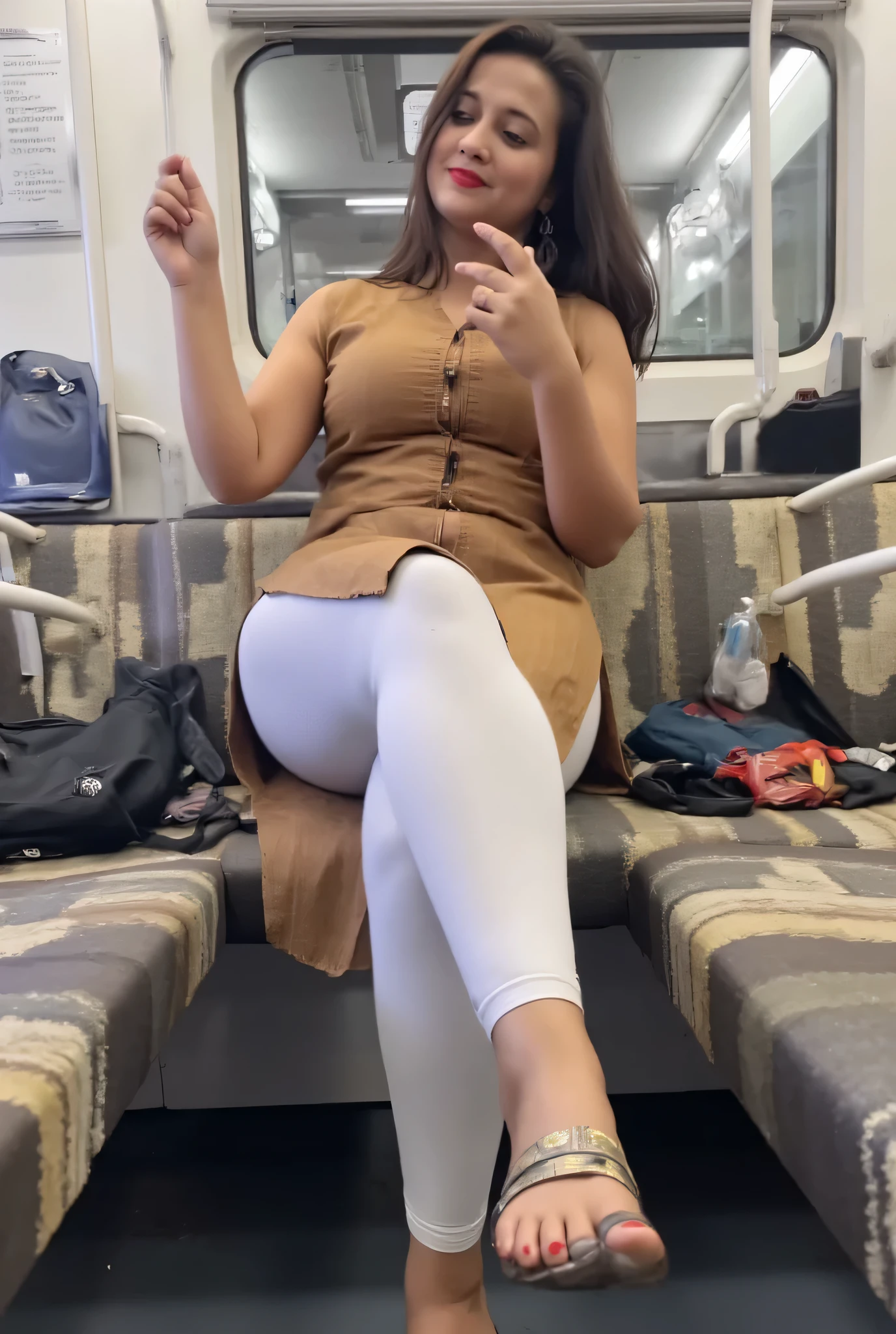 Sofia 23 year old hot sexy girl ,kurti leggings feet. she is enjoying in train,focus on breast and leggings,big breast size, average body, She lifting up her kurta with her hand and shows off her leggings feet. She is leggings feet the thigh expose pose ,leggings sexy hot structure feet, big breast,side leg feet focus on sexy side posing feet hot pose legging tight,indian hot side pose full image from head to leg Both side cleavage sleeveless brown kurta and white legging wet tight with panty lines