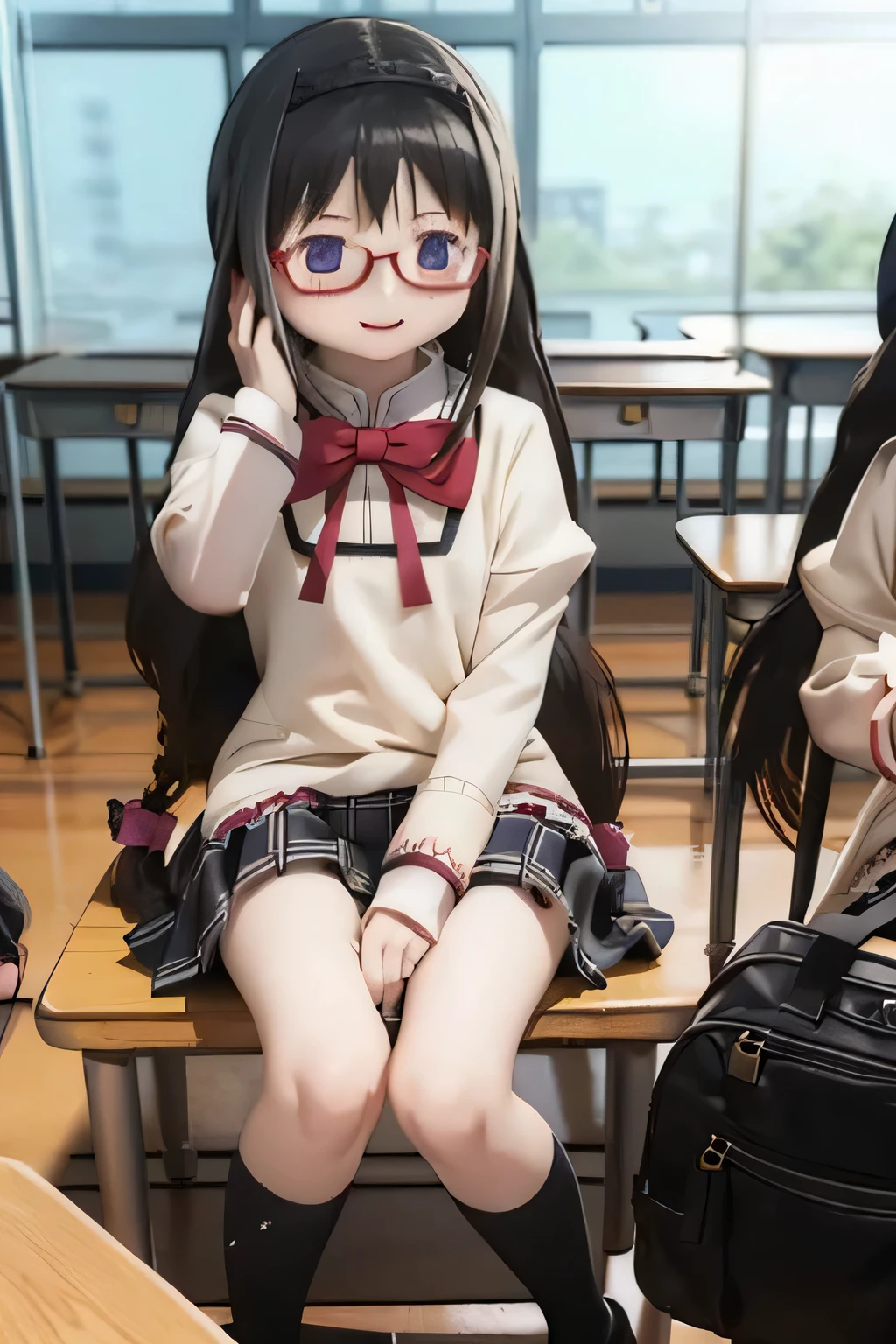 (    high quality wavy line,           beautiful          ,      masterpiece:1.2),        ,{X} Perfect Facial Poses , ((      Homura Akemi's Hairstyle)), shut up, smile,               intense ,     Black Haired Woman Magical Girl,              , ,, (((((school uniform))))),,  ,   open lips 　(((   Wear Glasses  )))full body、 feet 　classroom
