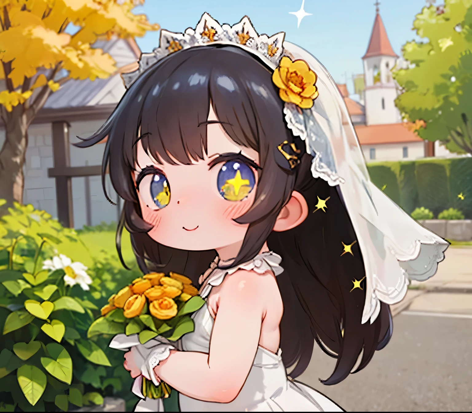 score_9, score_8_up, source_anime, nsfw，uncensored，animeスタイル，Beneath the veil，high image quality、animeスタイル、A beautiful woman in a white lace wedding dress was summoned、Lace veil，lace gloves，Full Eyes，Light from the Magic Circle、Gentle smile、long hair、dark hair、holding a bouquet on the front，Short Height，skinny，From the side，fall foliage，wind，Outside the church，Yellow River Yun Style，glitter，Fisheye Lens，Sparkling，depth of subject，