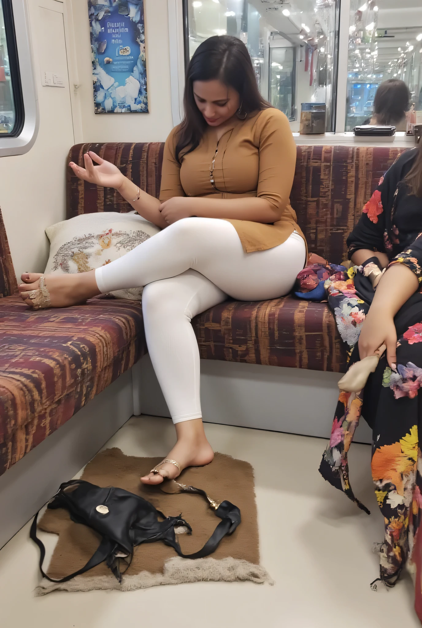 Sofia 23 year old  hot sexy  girl ,kurti leggings feet. she is enjoying in train,focus on breast and leggings,big breast size, average body, She lifting up her kurta with her hand and shows off her leggings feet. She is  leggings feet the thigh expose  pose  ,leggings sexy hot structure feet, big breast,side leg feet focus on sexy side posing feet  hot pose legging tight,indian hot side pose full image from head to leg Both side  cleavage sleeveless brown kurta and white legging wet tight with panty lines