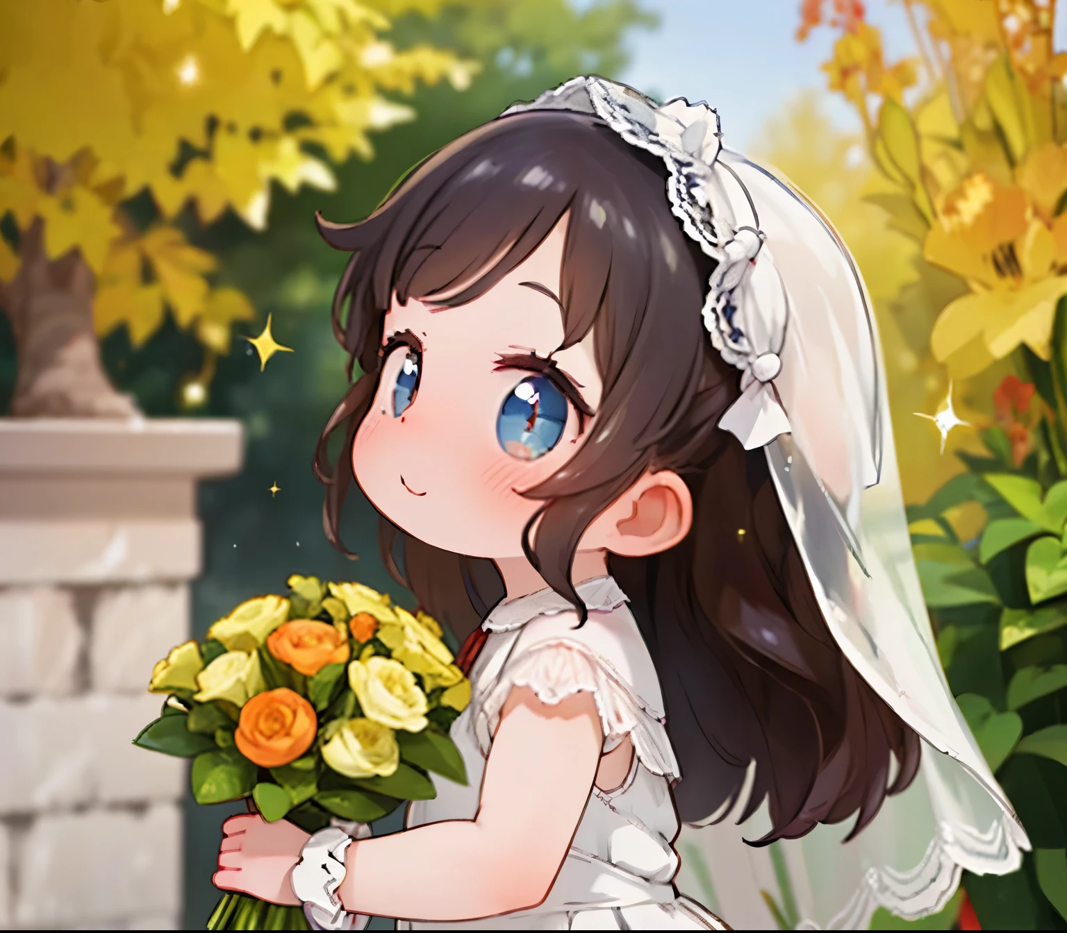 score_9, score_8_up, source_anime, nsfw，uncensored，animeスタイル，Beneath the veil，high image quality、animeスタイル、A beautiful woman in a white lace wedding dress was summoned、Lace veil，lace gloves，Full Eyes，Light from the Magic Circle、Gentle smile、long hair、dark hair、holding a bouquet on the front，Short Height，skinny，From the side，fall foliage，wind，Outside the church，Yellow River Yun Style，glitter，Fisheye Lens，Sparkling，depth of subject，