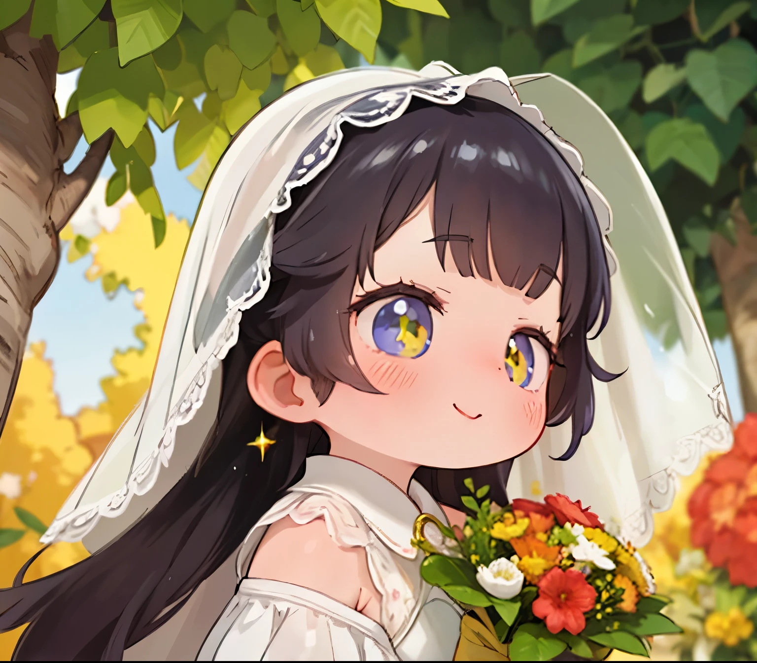 score_9, score_8_up, source_anime, nsfw，uncensored，animeスタイル，Beneath the veil，high image quality、animeスタイル、A beautiful woman in a white lace wedding dress was summoned、Lace veil，lace gloves，Full Eyes，Light from the Magic Circle、Gentle smile、long hair、dark hair、holding a bouquet on the front，Short Height，skinny，From the side，fall foliage，wind，Outside the church，Yellow River Yun Style，glitter，Fisheye Lens，Sparkling，depth of subject，
