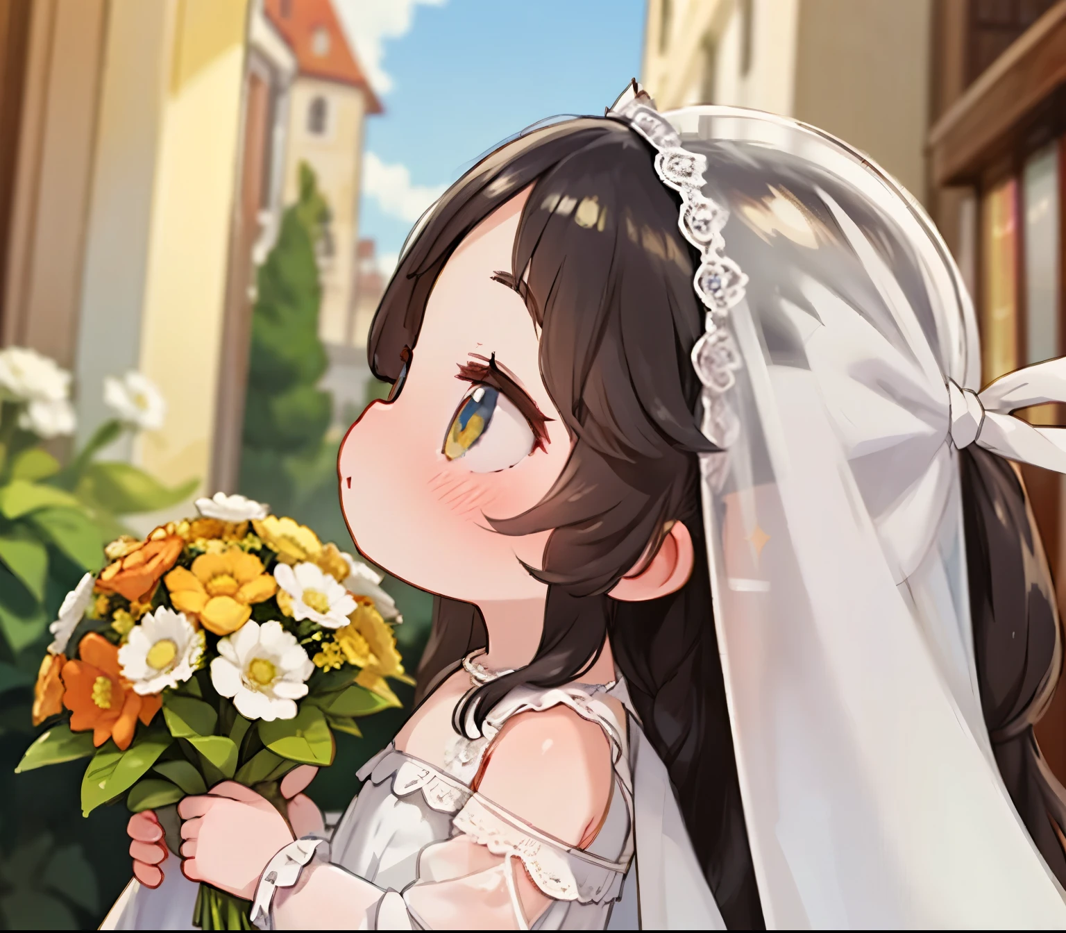 score_9, score_8_up, source_anime, nsfw,uncensored,animeスタイル,Beneath the veil,high image quality、animeスタイル、A beautiful woman in a white lace wedding dress was summoned、Lace veil,lace gloves,Full Eyes,Light from the Magic Circle、Gentle smile、long hair、dark hair、holding a bouquet on the front,Short Height,skinny,From the side,fall foliage,wind,Outside the church,Yellow River Yun Style,glitter,Fisheye Lens,Sparkling,depth of subject,
