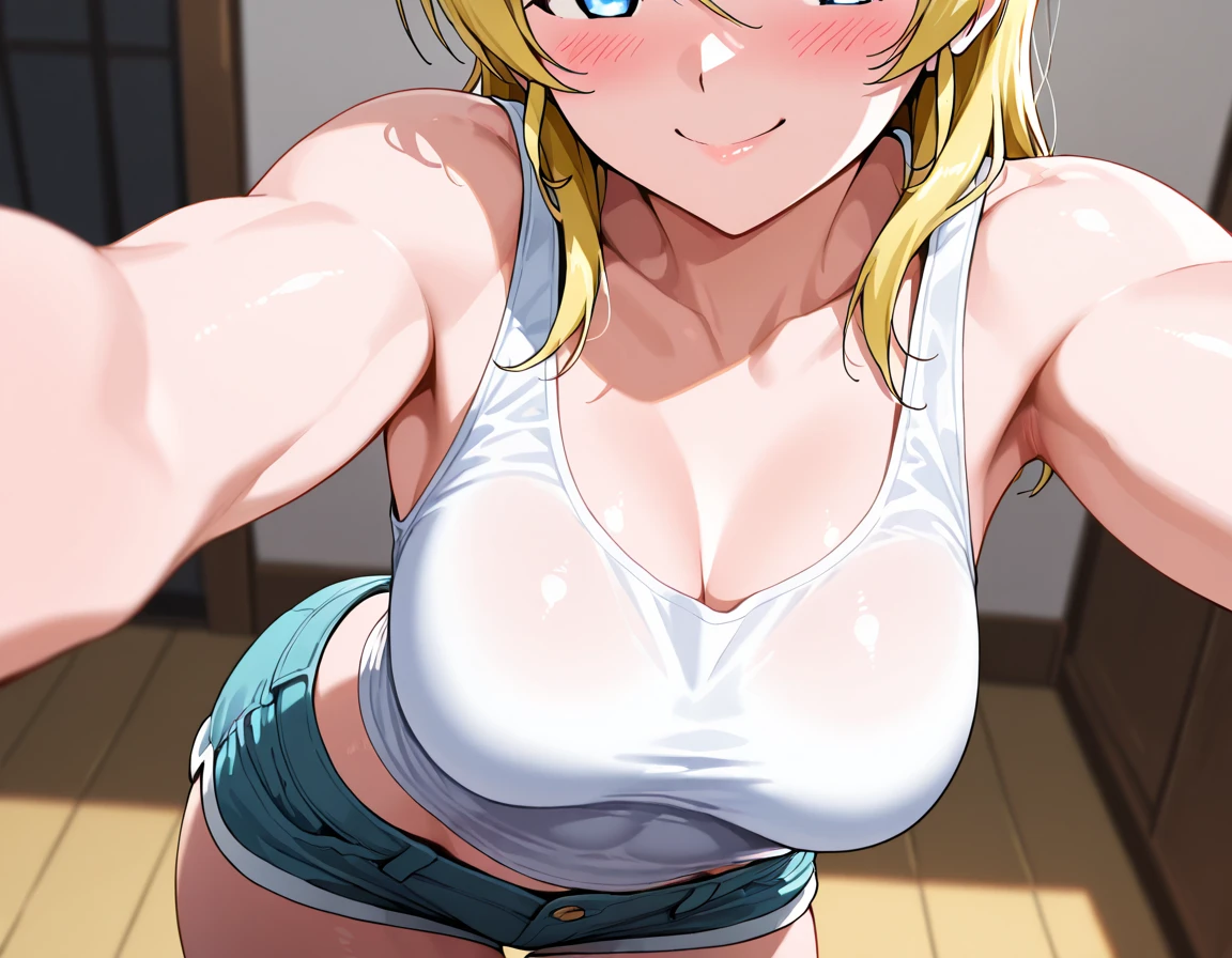 Blonde、ponytail、blue eyes、Super huge breasts、Upper body nude、Shoulders exposed、masterpiece、High resolution、highest quality、Detailed face、Anime Moe Art Style、abdomen、Belly button、Cowboy Shot、A big smile、Outdoor、healthy、、Puffy nipples、jeans、jeans