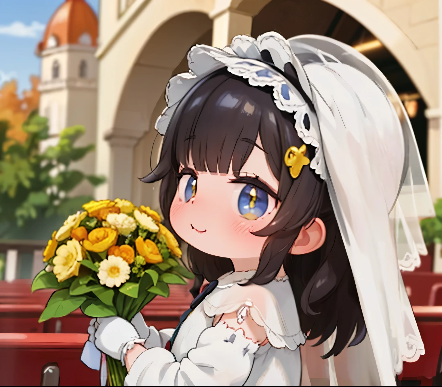 score_9, score_8_up, source_anime, nsfw,uncensored,animeスタイル,Beneath the veil,high image quality、animeスタイル、A beautiful woman in a white lace wedding dress was summoned、Lace veil,lace gloves,Full Eyes,Light from the Magic Circle、Gentle smile、long hair、dark hair、holding a bouquet on the front,Short Height,skinny,From the side,fall foliage,wind,Outside the church,Yellow River Yun Style,glitter,Fisheye Lens,Sparkling,depth of subject,