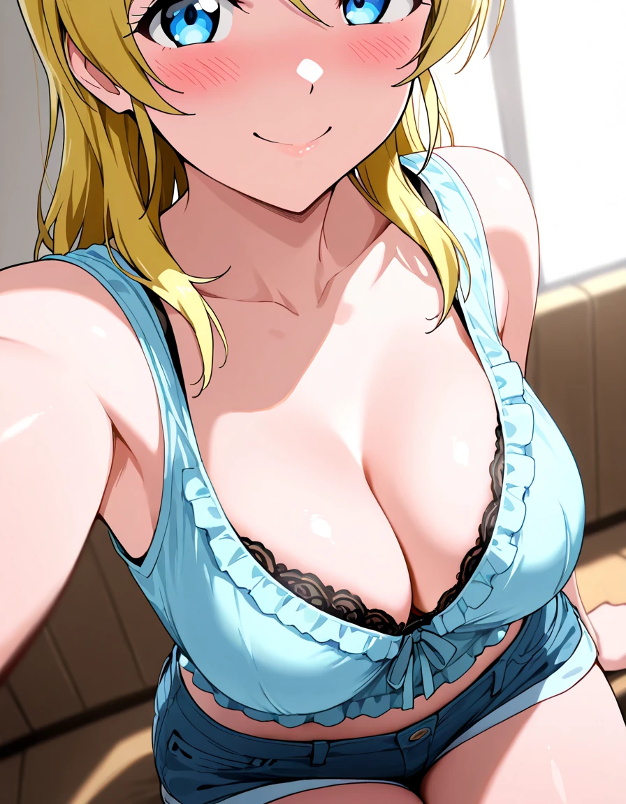 (Best quality:1.3), Blonde hair double ponytail, , , LOP, Smiling, (Perspective