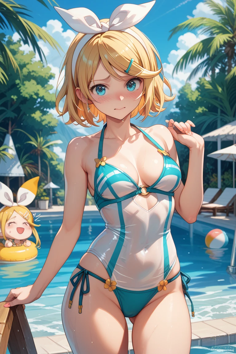 amicia michella - nijisanji, anime style, 1boyl, brown short hair, yellow inner hair, wavy hair, green eyes, detailed eyes, midriff, girly face, , thin lips, painted lips, shy smile face, wide , thick thighs, huge round , small , bulge,  ears ornament, black  suit, high-neck collar, bow tie, thigh high, garter, full body, dynamic pose, night pool, 