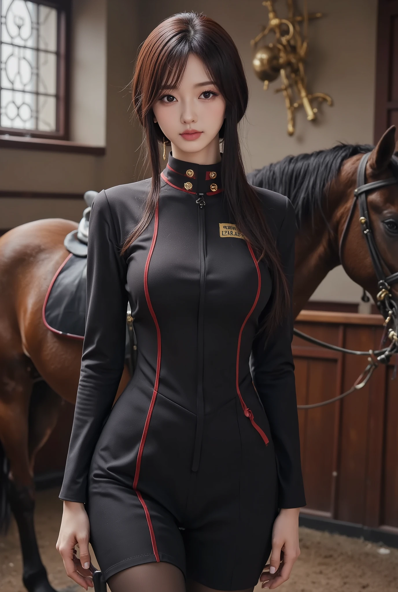 1girl, yor, spyxfamily
 , (masterpiece:1.2), (best quality:1.2), (very aesthetic:1.2), (absurdres:1.2), (detailed background), newest, intricate details, and wearing a medieval Equestrian Trainer, Professional Horse Training.