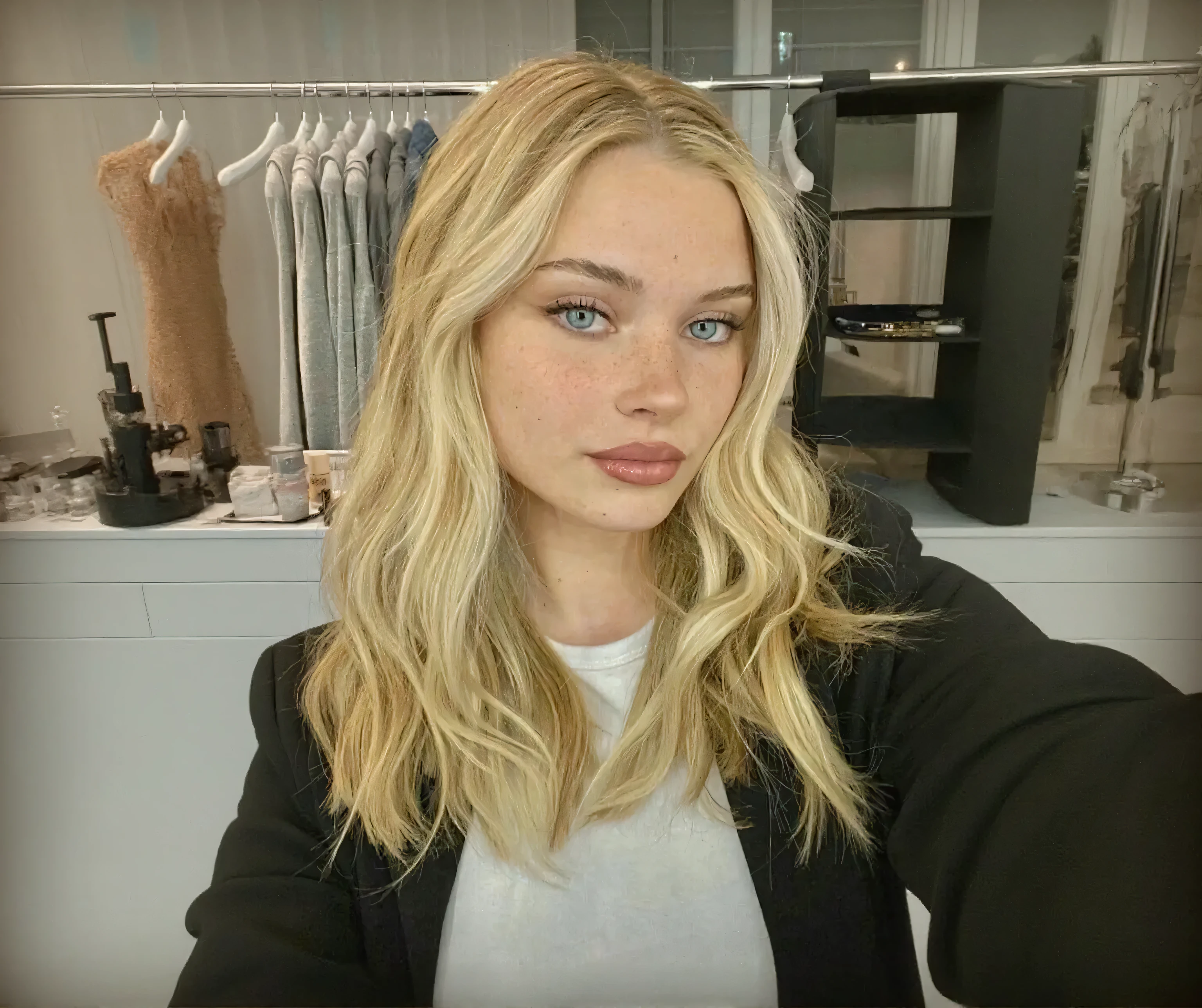 1girl in, age19, Solo, Long hair, Colossal tits, Looking at Viewer, look exactly like karen Mulder, long messy windy blonde hair, Blue eyes,  shoulders, jewely, Full body, a necklace, off shoulders, Sweaters, Realistic, A sexy, pony tail 