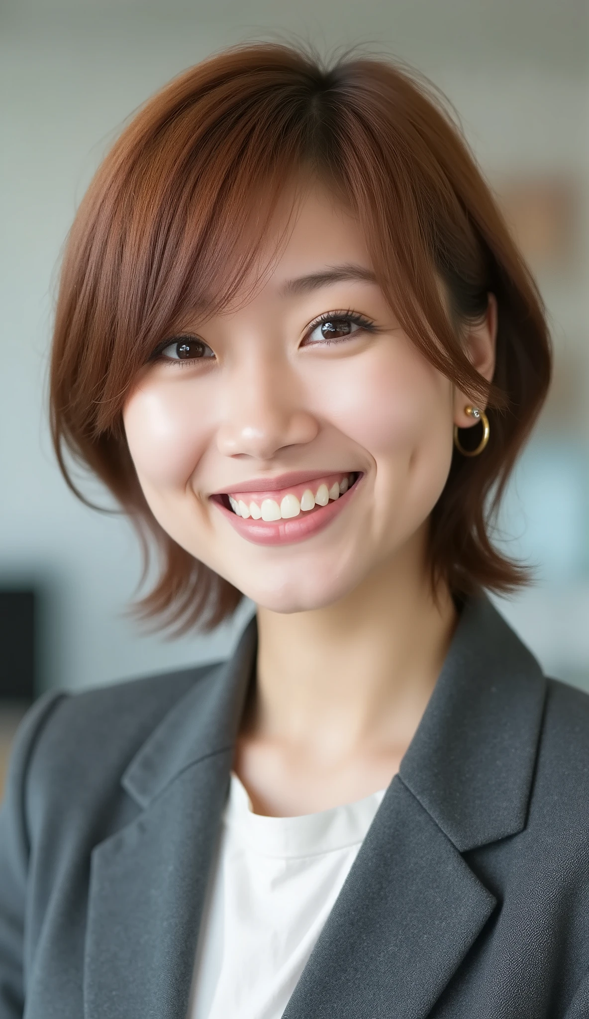 Neat Young Woman、looking at the camera、office lady suit、jacket、shirt、ear piercings、、 pale brown hair、hairstyle short hair、smile showing teeth、Big Smiles、face close-up、The background is office